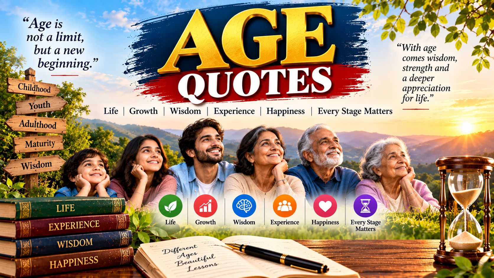 Age Quotes – Life, Growth, Wisdom, Experience & Happiness at Every Stage Age quotes banner featuring people from childhood to old age, with themes of life, growth, wisdom, experience, happiness, and every stage of life