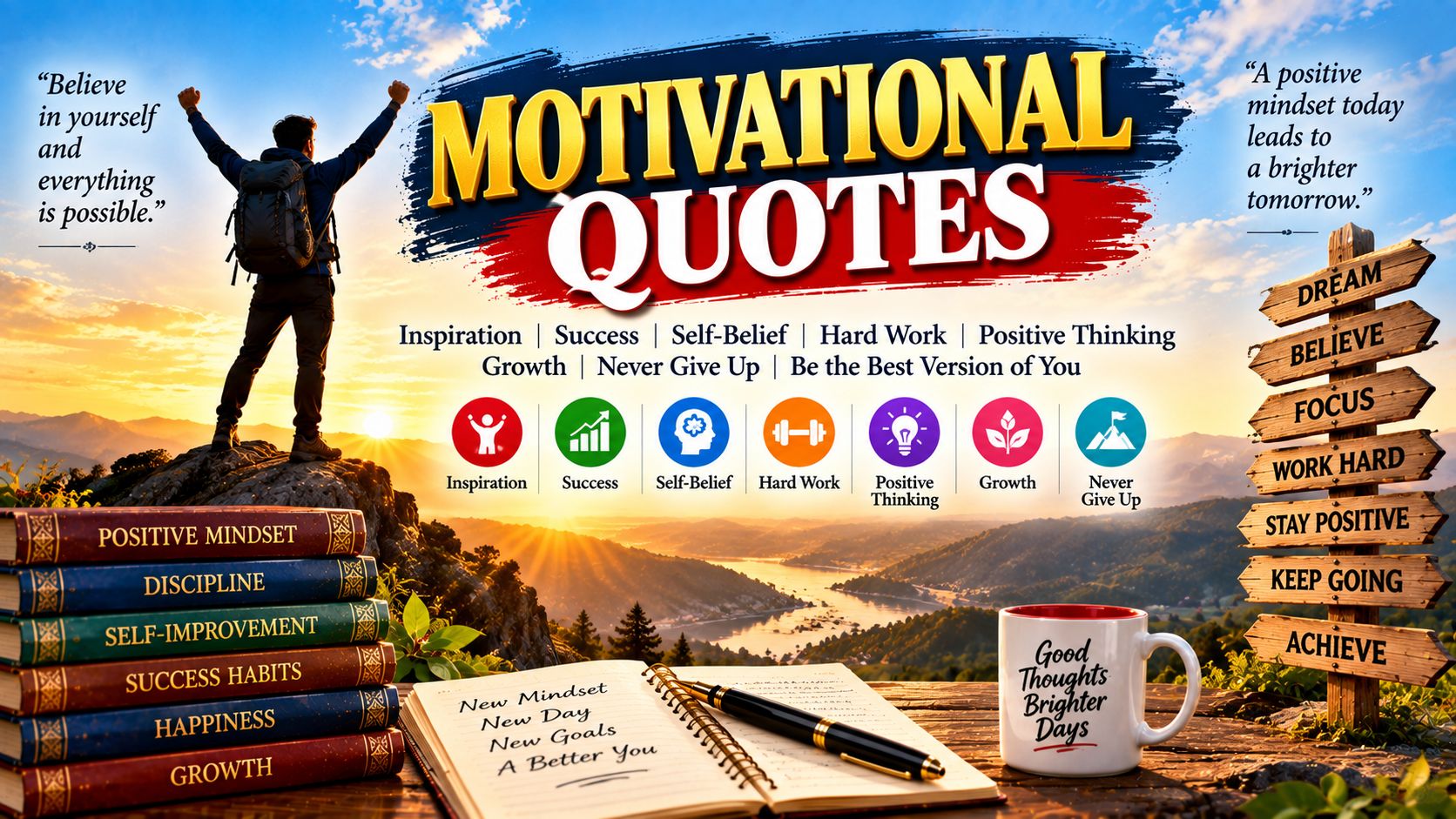 Motivational Quotes – Inspiration, Success, Self-Belief, Hard Work & Positive Thinking Motivational quotes banner featuring a mountain hiker at sunrise, inspiring messages, success, self-belief, hard work, positive thinking, growth, and perseverance