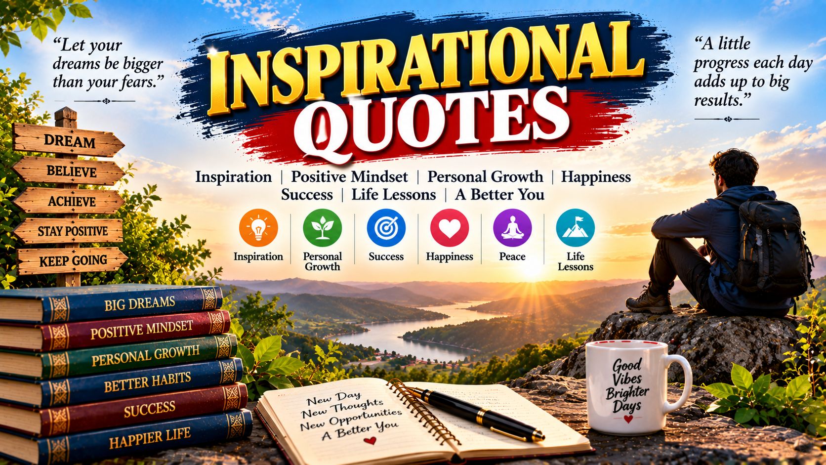 Inspirational Quotes – Personal Growth, Success, Happiness & Positive Mindset Inspirational quotes banner featuring a hiker overlooking mountains and a lake at sunrise, with themes of personal growth, success, happiness, positive mindset, and life lessons