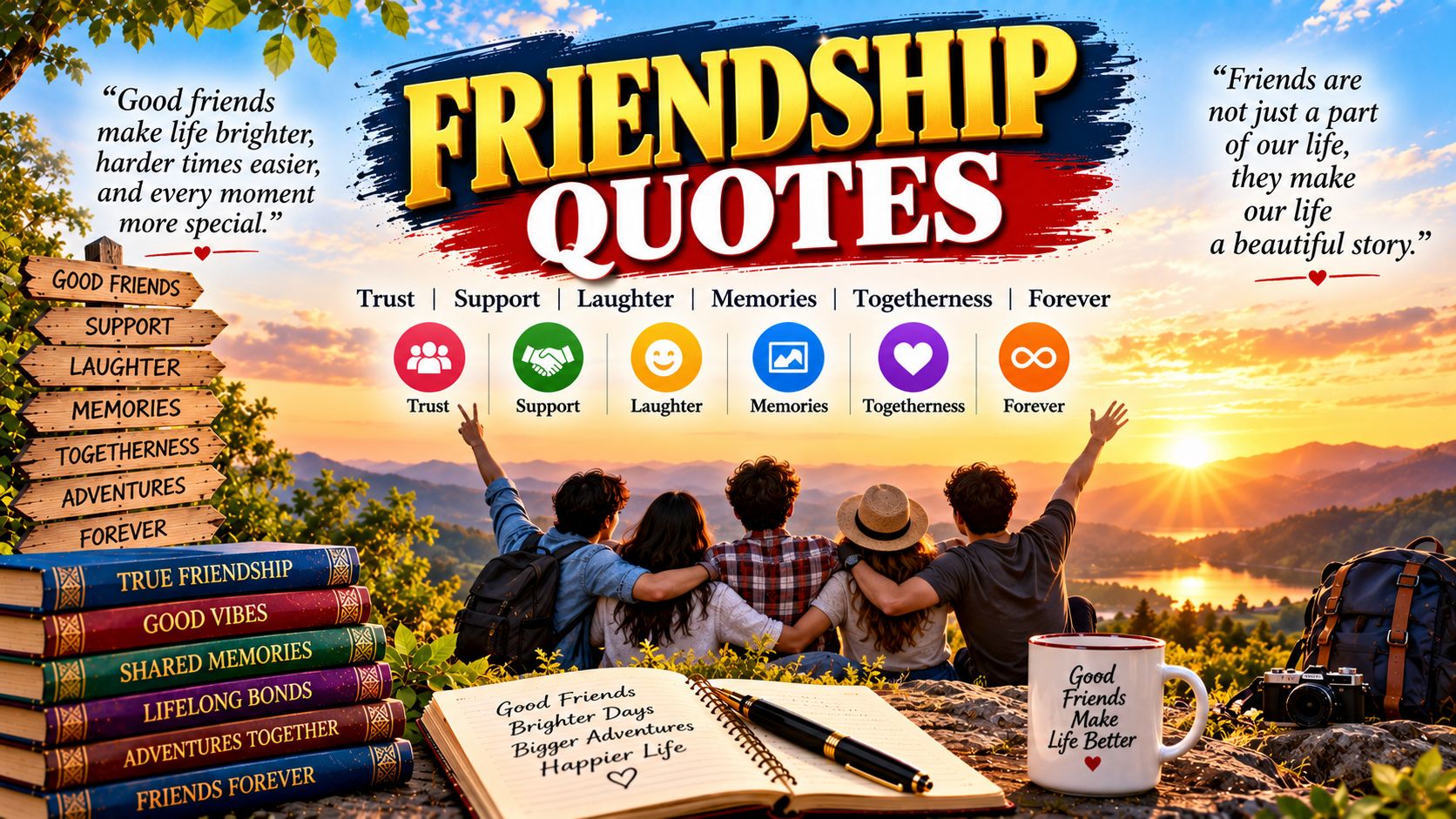 Friendship Quotes – Trust, Support, Laughter, Memories & Lifelong Bonds Friendship quotes banner featuring five friends watching a mountain sunset, with themes of trust, support, laughter, memories, togetherness, adventures, and lifelong friendship