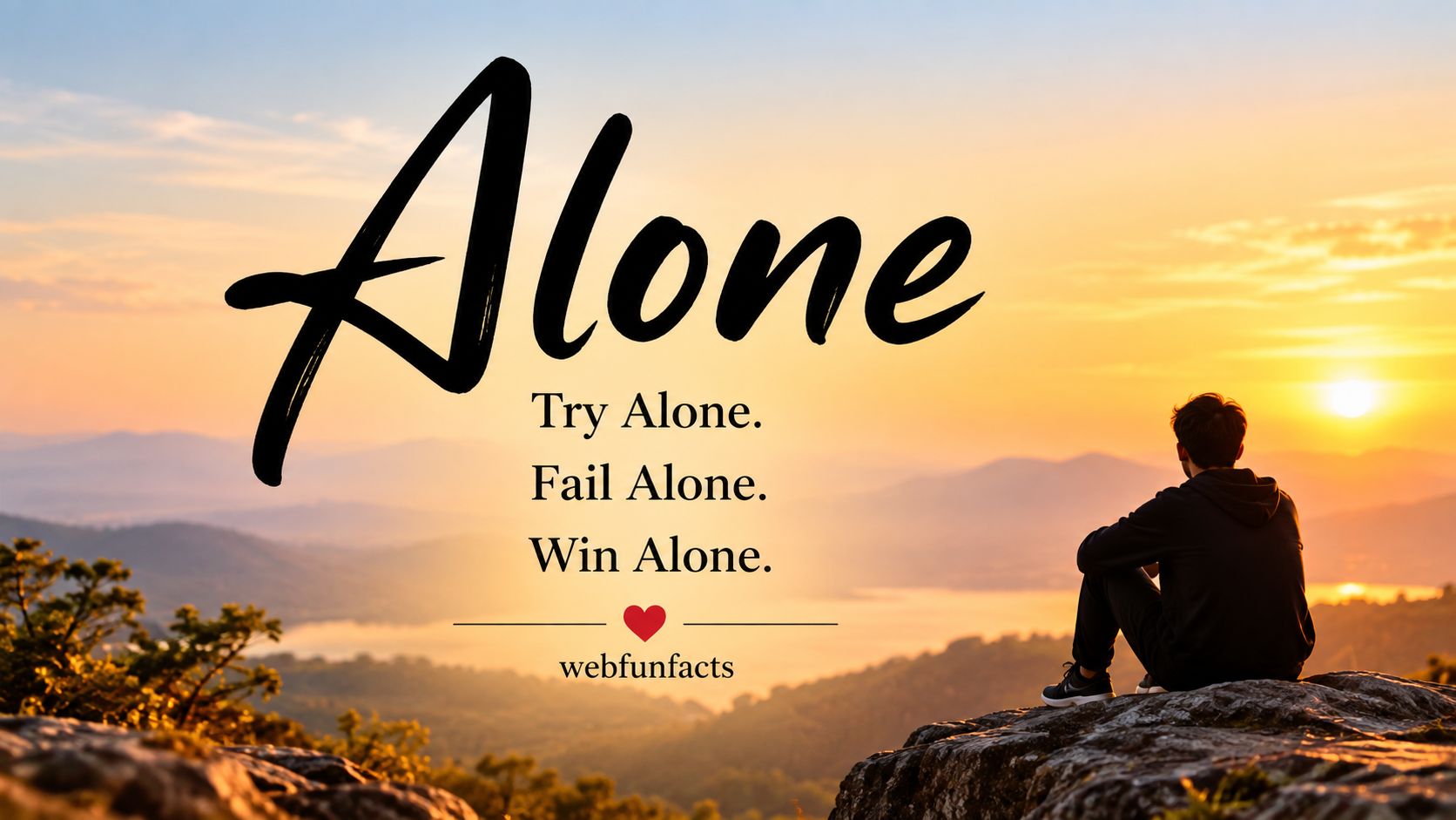 Try Alone. Fail Alone. Win Alone - Quote of the Day Quote of the day - Try alone, fail alone, win alone - WebFunFacts Alone quote card with figure watching the sunrise from a mountaintop | WebFunFacts