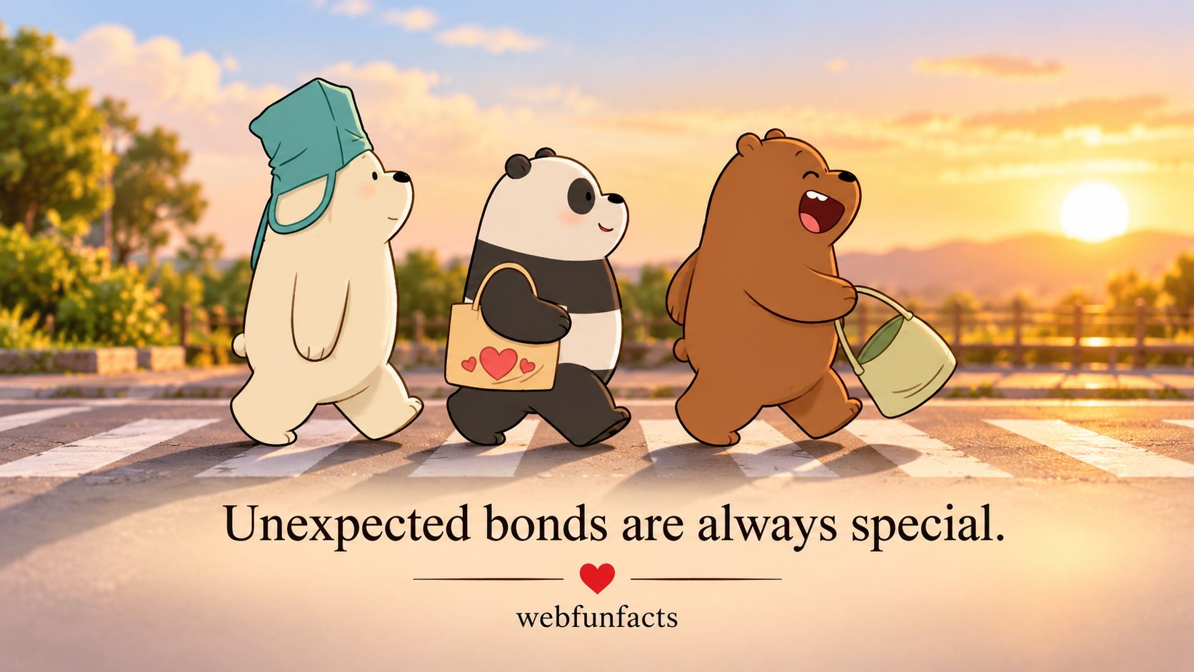 Unexpected Bonds Are Always Special - Quote of the Day Quote of the day - Unexpected bonds are always special - WebFunFacts quote card with three friends walking together at sunset | WebFunFacts