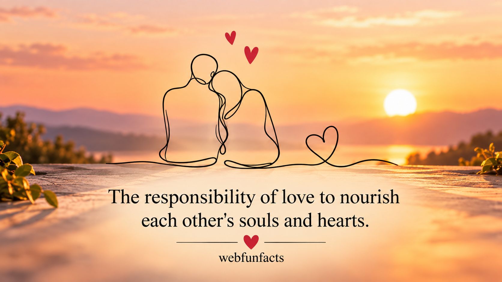 The Responsibility of Love Is to Nourish Each Other's Souls and Hearts - Quote of the Day Quote of the day - The responsibility of love is to nourish each other's souls and hearts - WebFunFacts quote card with line-drawn couple and hearts at sunset | WebFunFacts
