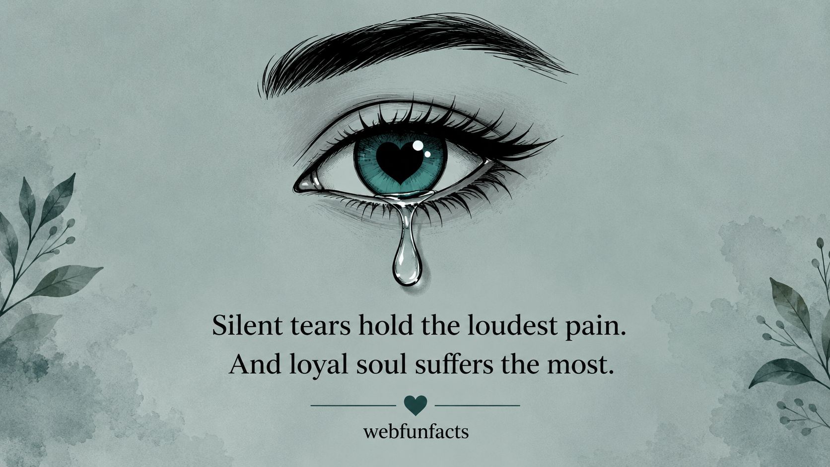 Silent Tears Hold the Loudest Pain - Quote of the Day Quote of the day - Silent tears hold the loudest pain, and loyal souls suffer the most - WebFunFacts quote card with teary eye and heart-shaped pupil | WebFunFacts