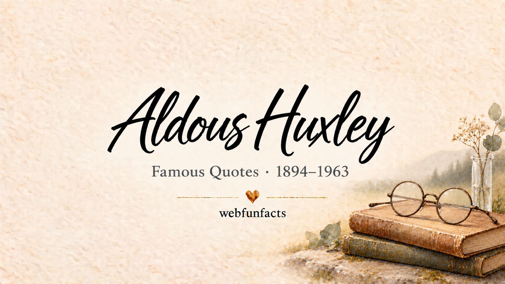 Aldous Huxley Quotes – Famous Quotes 1894–1963 Aldous Huxley quotes thumbnail with round spectacles, an antique book and a small glass test tube | WebFunFacts