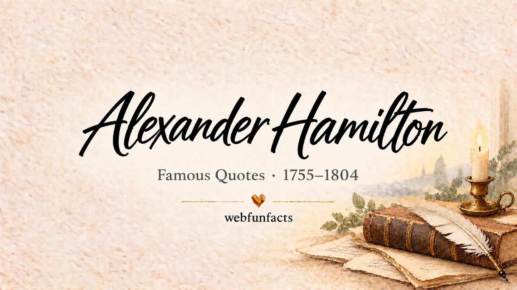 Alexander Hamilton Quotes – Famous Quotes 1755–1804 Alexander Hamilton quotes thumbnail with a quill pen, a bound volume of old papers and a brass candle holder | WebFunFacts