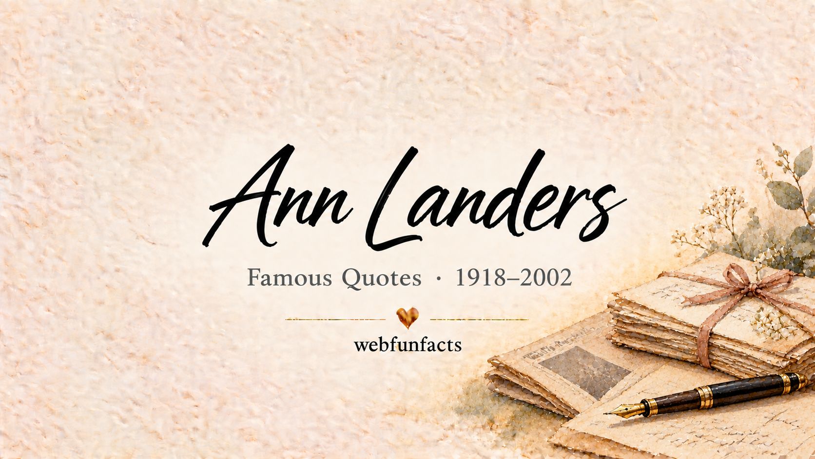 Ann Landers Quotes – Famous Quotes 1918–2002 Ann Landers quotes thumbnail with a stack of handwritten letters, an old fountain pen and a folded newspaper | WebFunFacts