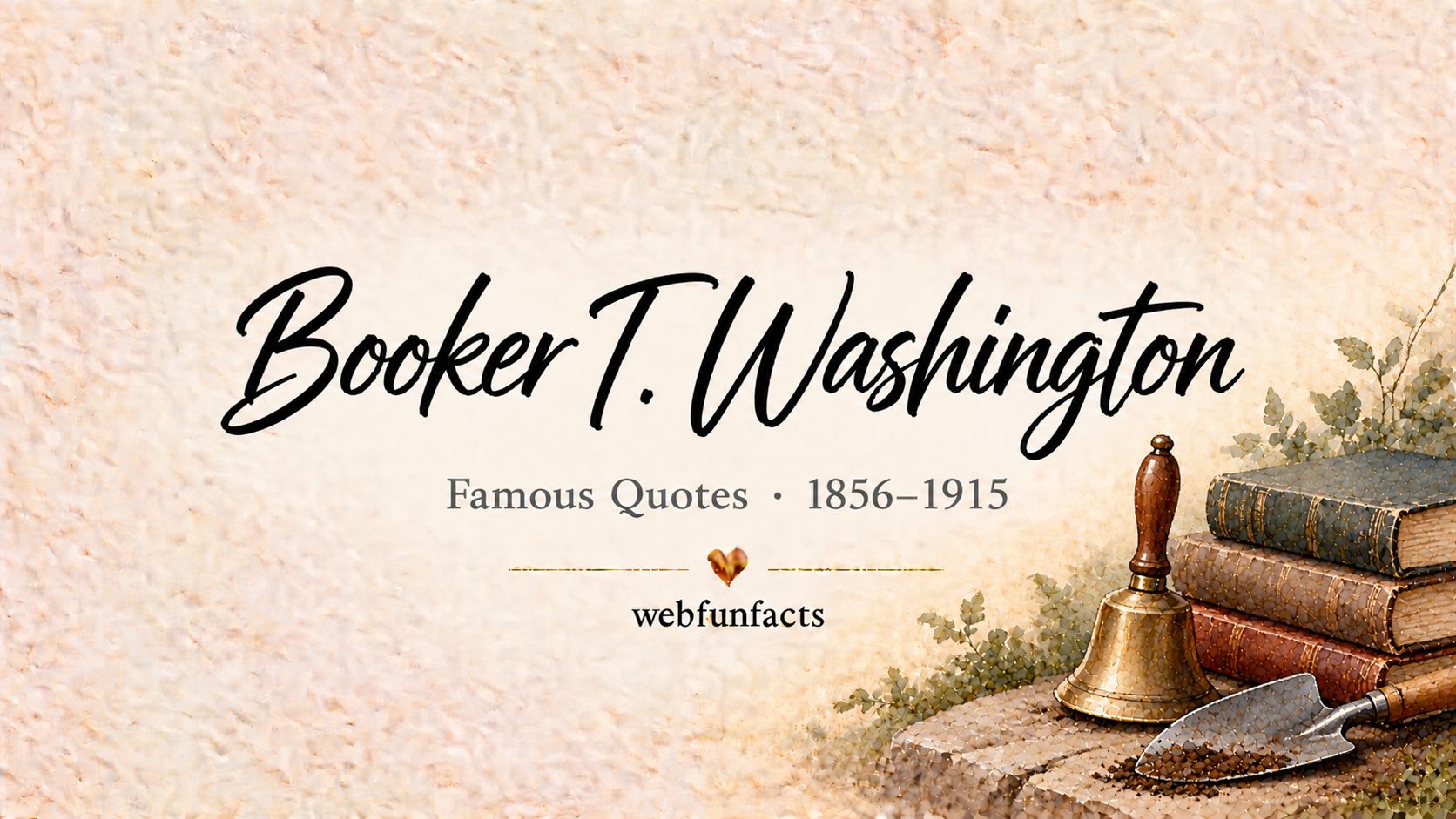 Booker T. Washington Quotes – Famous Quotes 1856–1915 Booker T. Washington quotes thumbnail with a brass school bell, a stack of old books and a garden trowel | WebFunFacts
