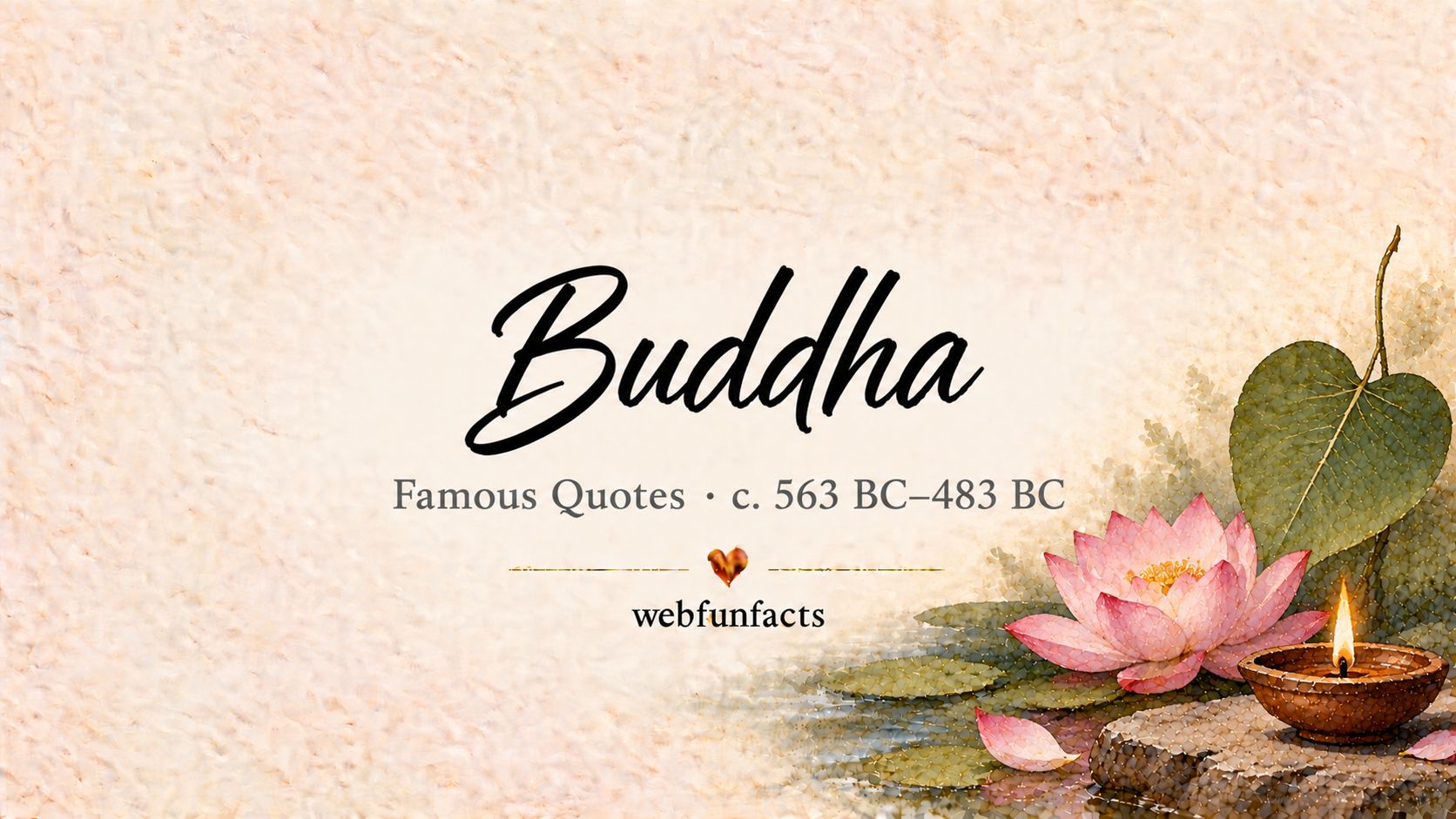 Buddha Quotes – Famous Quotes c. 563 BC–483 BC Buddha quotes thumbnail with a pink lotus, a heart-shaped Bodhi leaf and a small oil lamp | WebFunFacts