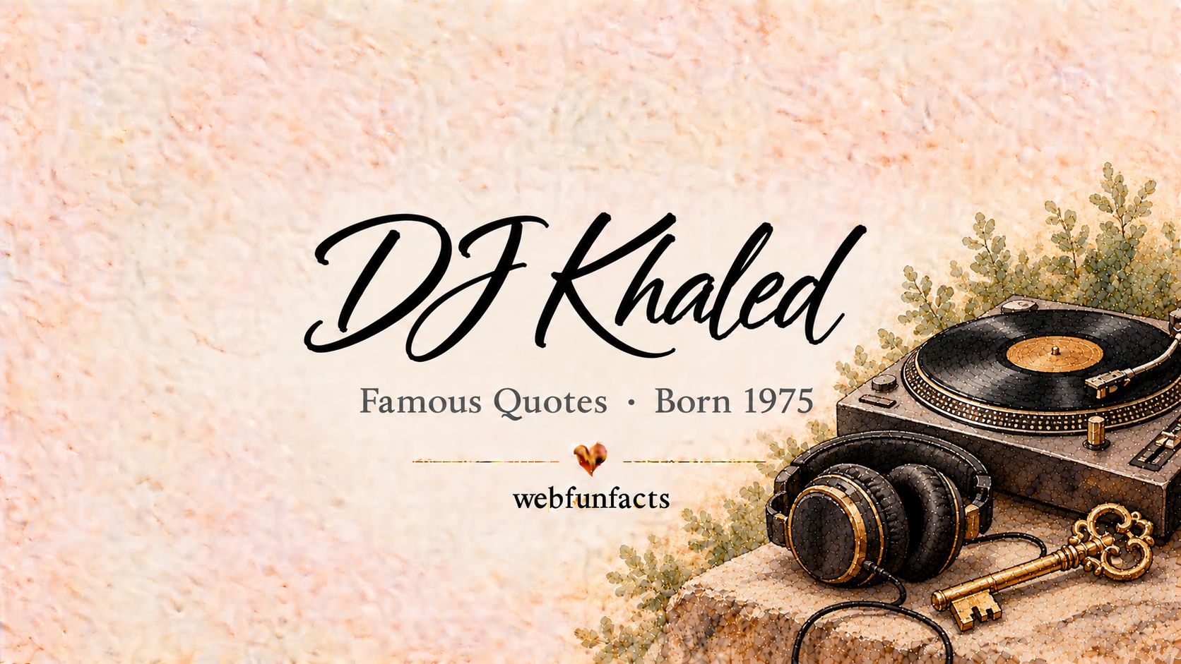 DJ Khaled Quotes – Famous Quotes Born 1975 DJ Khaled quotes thumbnail with a DJ turntable, a pair of headphones and a golden key | WebFunFacts