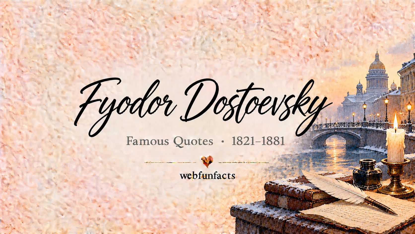 Fyodor Dostoevsky Quotes – Famous Quotes 1821–1881 Fyodor Dostoevsky quotes thumbnail with a lit candle, an old quill and inkwell and a snowy St Petersburg bridge | WebFunFacts