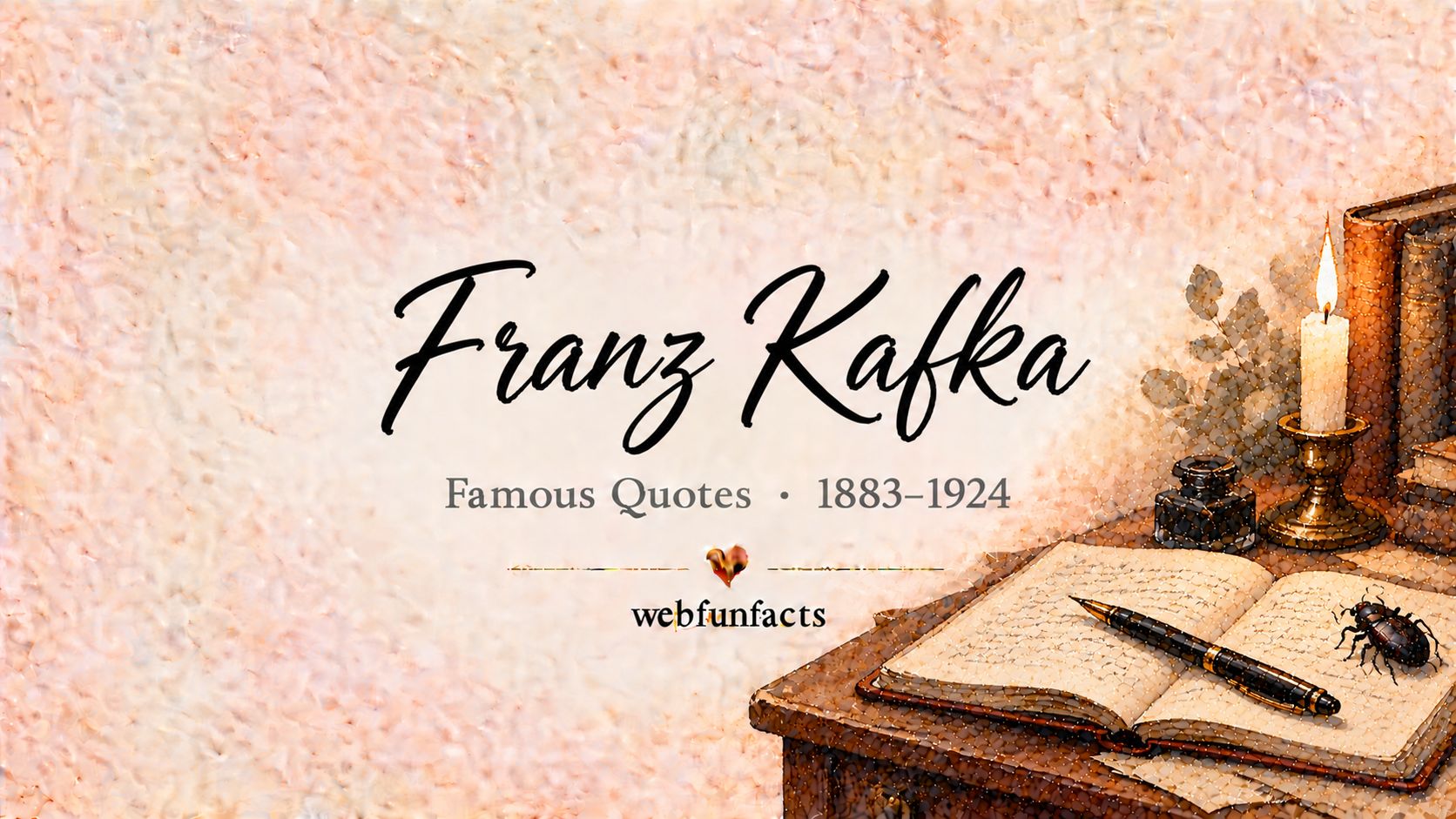 Franz Kafka Quotes – Famous Quotes 1883–1924 Franz Kafka quotes thumbnail with an old writing desk, a lit candle and a small beetle beside an open notebook | WebFunFacts