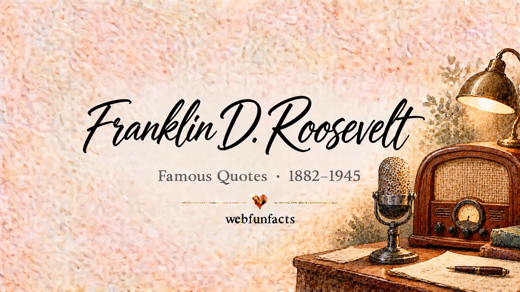 Franklin D. Roosevelt Quotes – Famous Quotes 1882–1945 Franklin D. Roosevelt quotes thumbnail with a 1930s radio microphone, an old wooden radio and a brass desk lamp | WebFunFacts