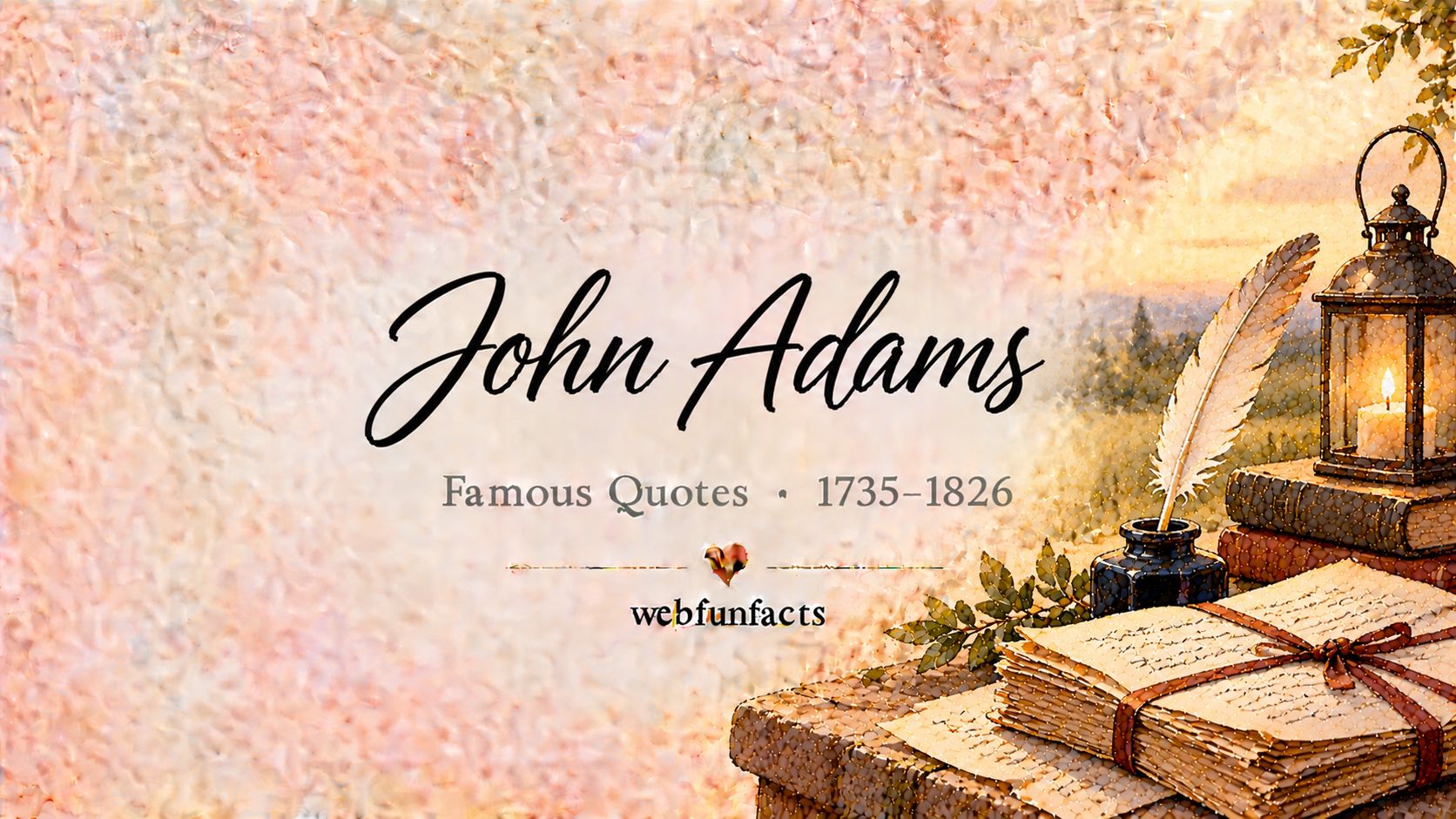 John Adams Quotes – Famous Quotes 1735–1826 John Adams quotes thumbnail with a feather quill, a bundle of old letters tied with ribbon and a colonial lantern | WebFunFacts