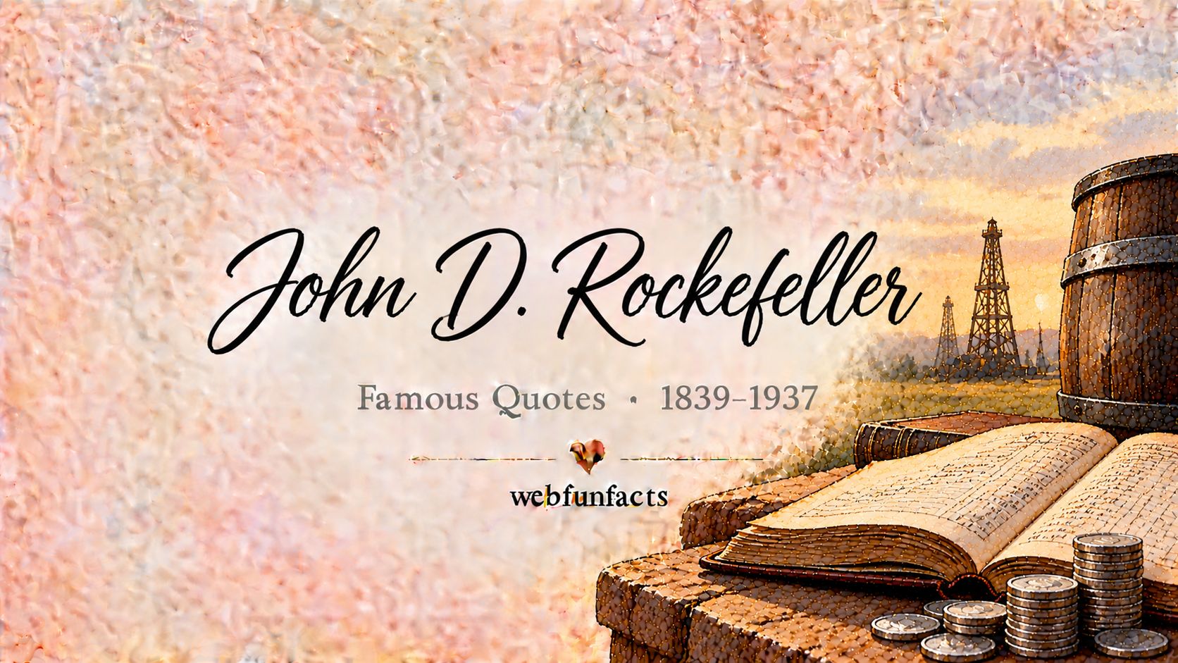 John D. Rockefeller Quotes – Famous Quotes 1839–1937 John D. Rockefeller quotes thumbnail with an old oil barrel, a vintage ledger book and a stack of silver coins | WebFunFacts
