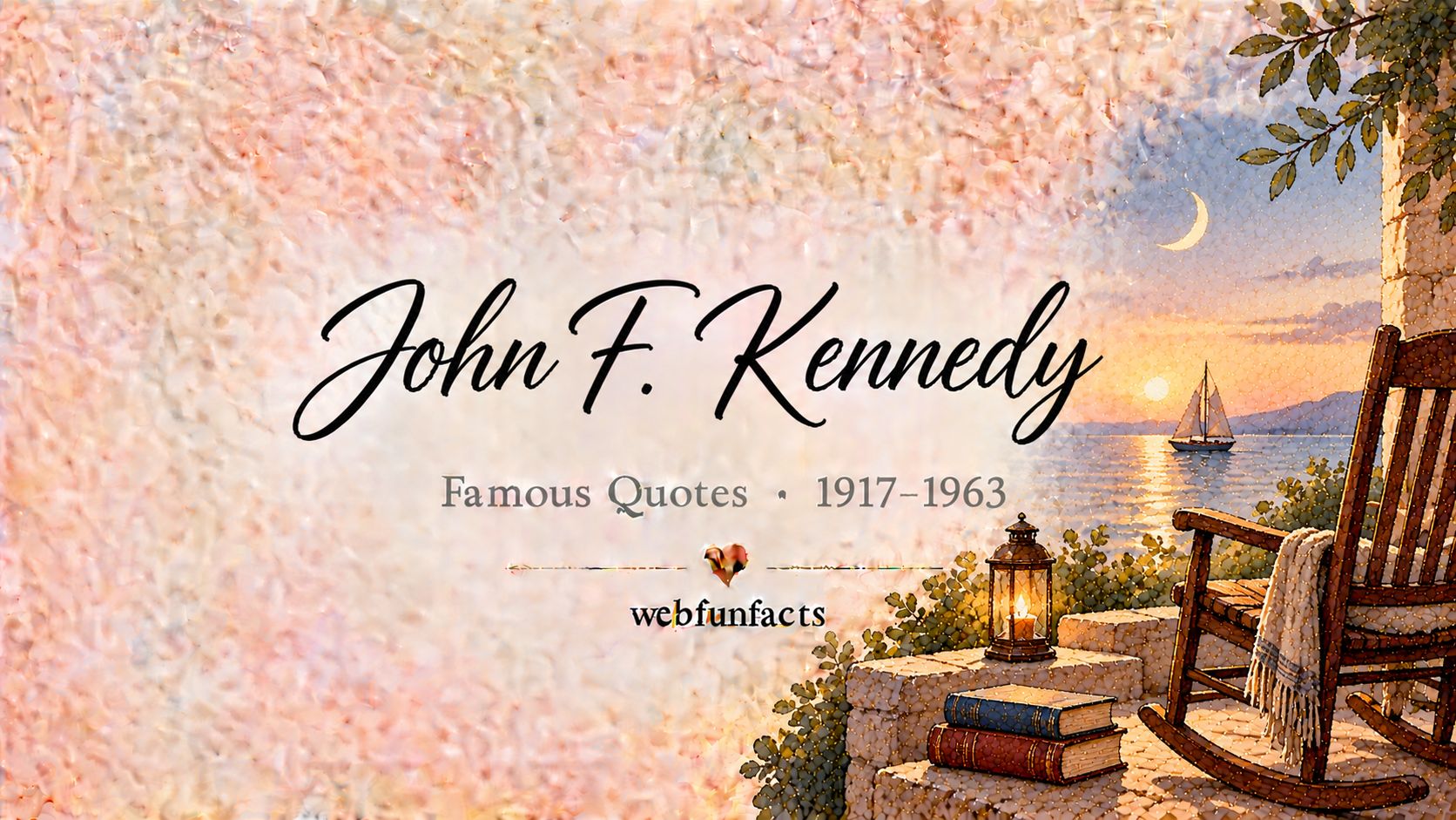 John F. Kennedy Quotes – Famous Quotes 1917–1963 John F. Kennedy quotes thumbnail with a rocking chair, a sailing boat on the ocean and a crescent moon in the sky | WebFunFacts