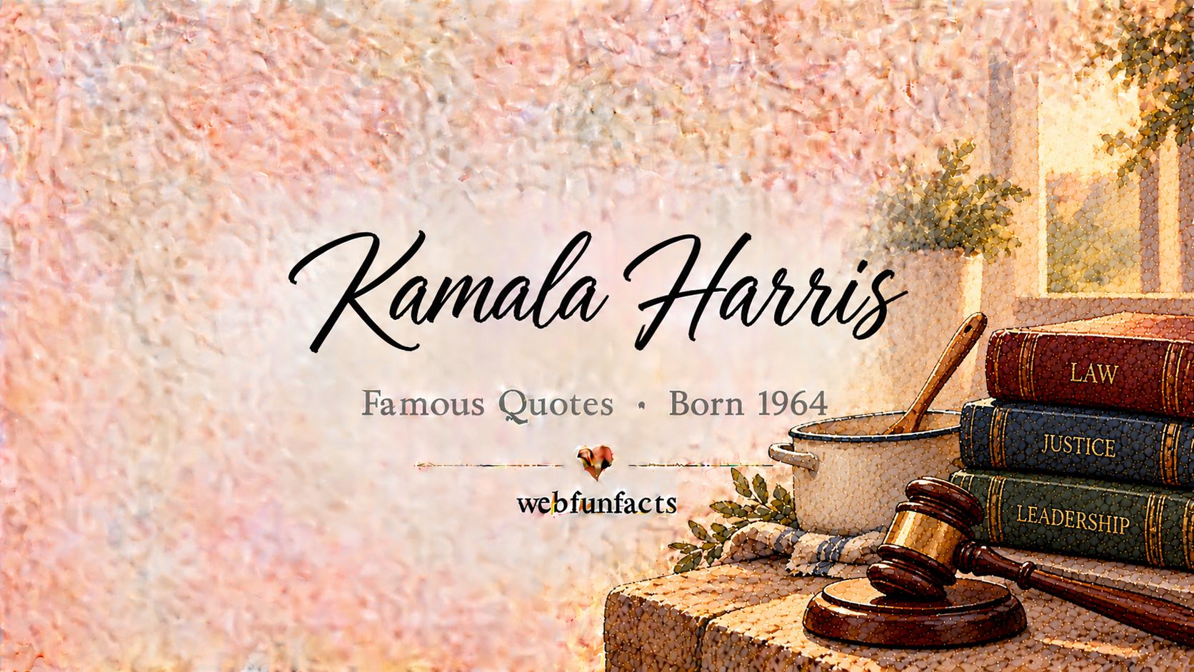 Kamala Harris Quotes – Famous Quotes Born 1964 Kamala Harris quotes thumbnail with a set of law books, a gavel and a cooking pot on a stove | WebFunFacts