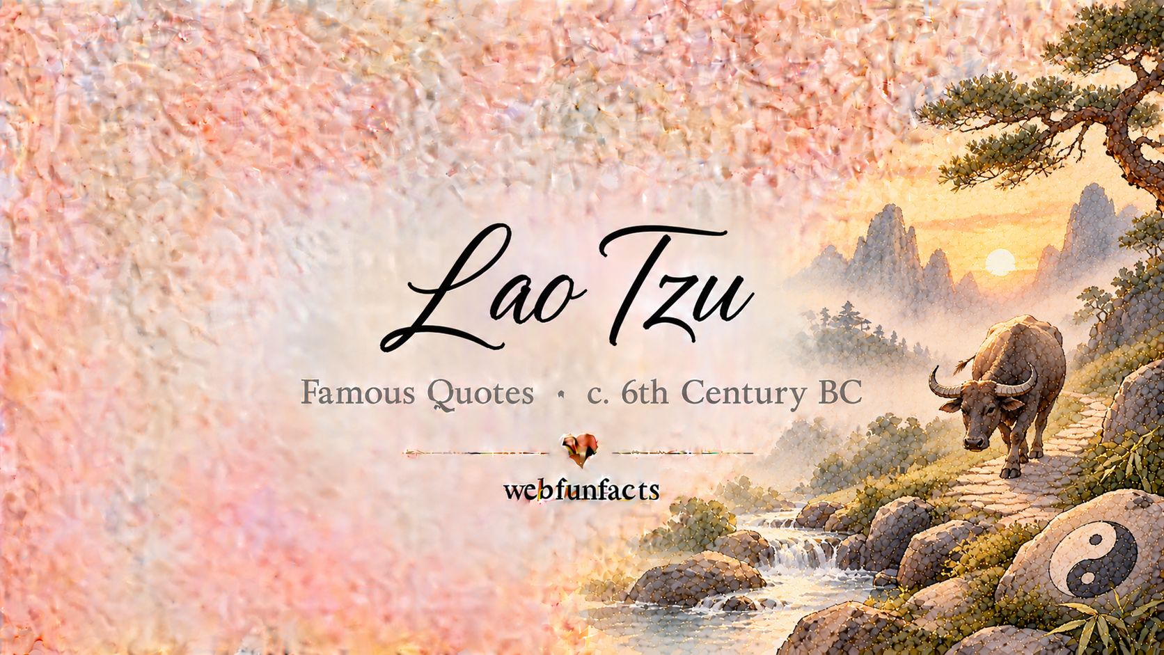Lao Tzu Quotes – Famous Quotes c. 6th Century BC Lao Tzu quotes thumbnail with a water buffalo on a mountain path, a yin-yang symbol and flowing water | WebFunFacts