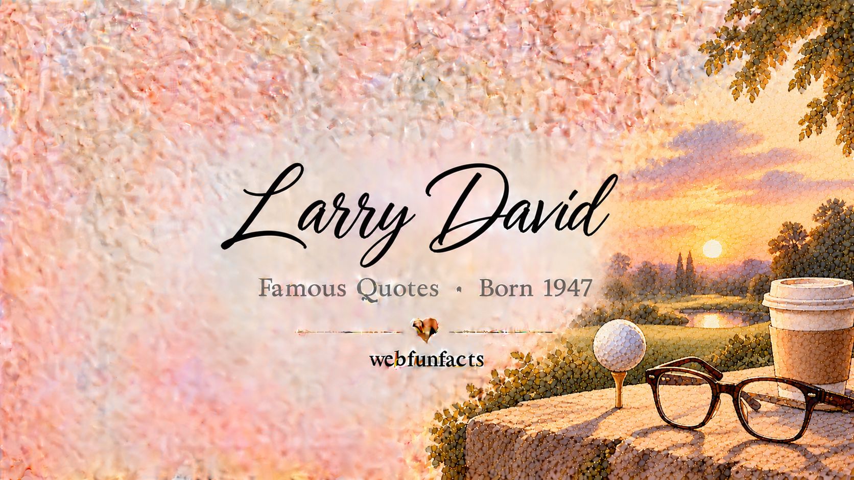 Larry David Quotes – Famous Quotes Born 1947 Larry David quotes thumbnail with a golf ball on a tee, a pair of thick-rimmed glasses and a New York coffee cup | WebFunFacts