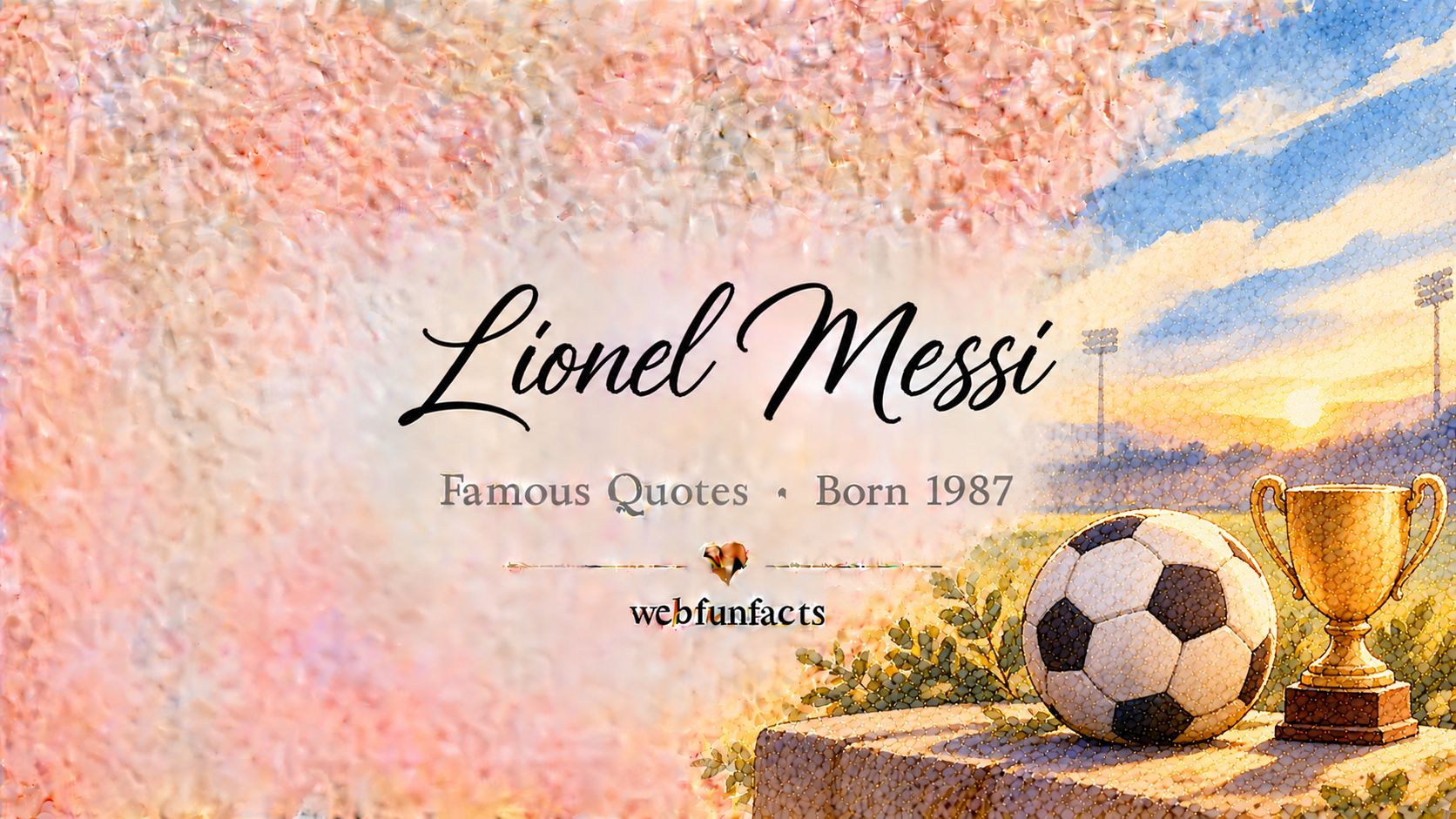 Lionel Messi Quotes – Famous Quotes Born 1987 Lionel Messi quotes thumbnail with a classic football, a gold trophy and a small sun emblem in sky blue and white | WebFunFacts