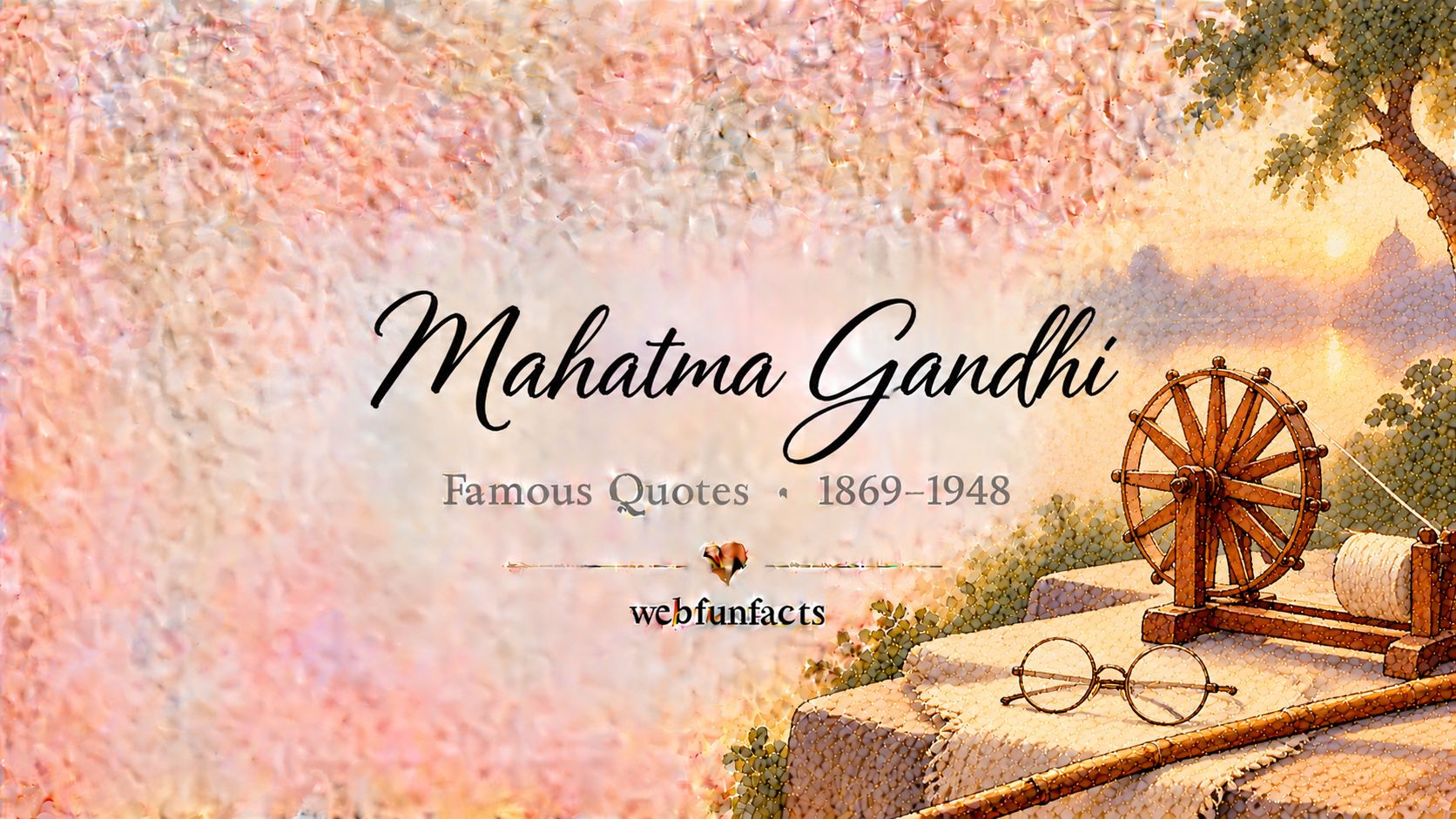 Mahatma Gandhi Quotes – Famous Quotes 1869–1948 Mahatma Gandhi quotes thumbnail with a wooden spinning wheel, round wire-rimmed spectacles and a simple walking stick | WebFunFacts