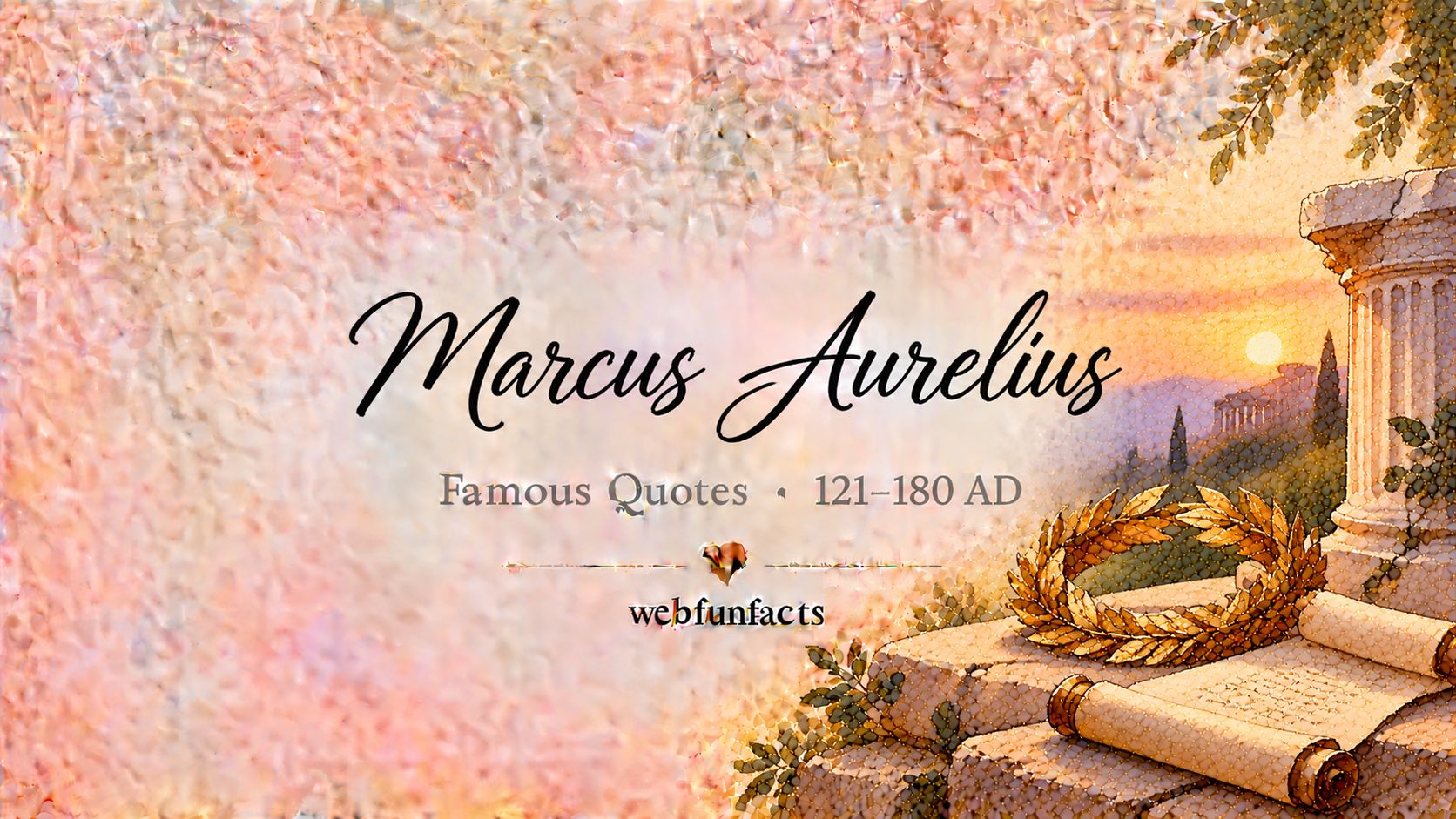 Marcus Aurelius Quotes – Famous Quotes 121–180 AD Marcus Aurelius quotes thumbnail with a Roman laurel wreath, an ancient scroll and a small marble column | WebFunFacts