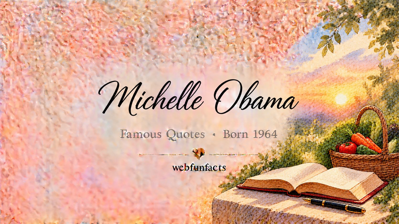 Michelle Obama Quotes – Famous Quotes Born 1964 Michelle Obama quotes thumbnail with an open memoir book, a vegetable garden basket and a fountain pen | WebFunFacts
