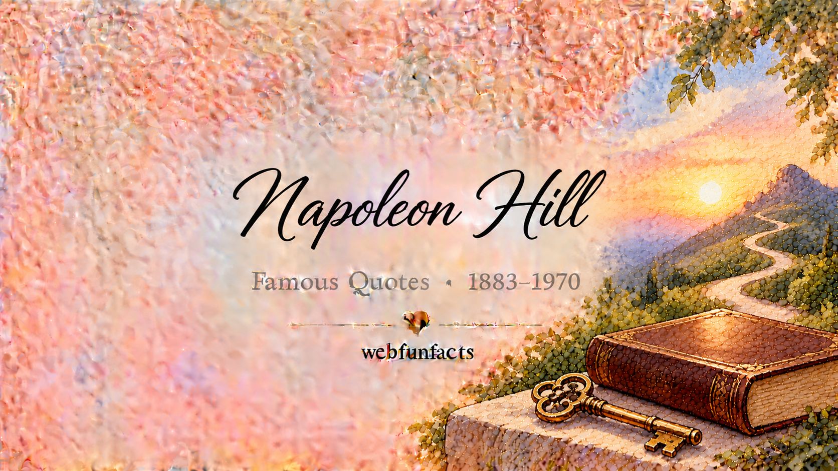 Napoleon Hill Quotes – Famous Quotes 1883–1970 Napoleon Hill quotes thumbnail with an old hardcover book, a gold key and a winding path up a mountain | WebFunFacts