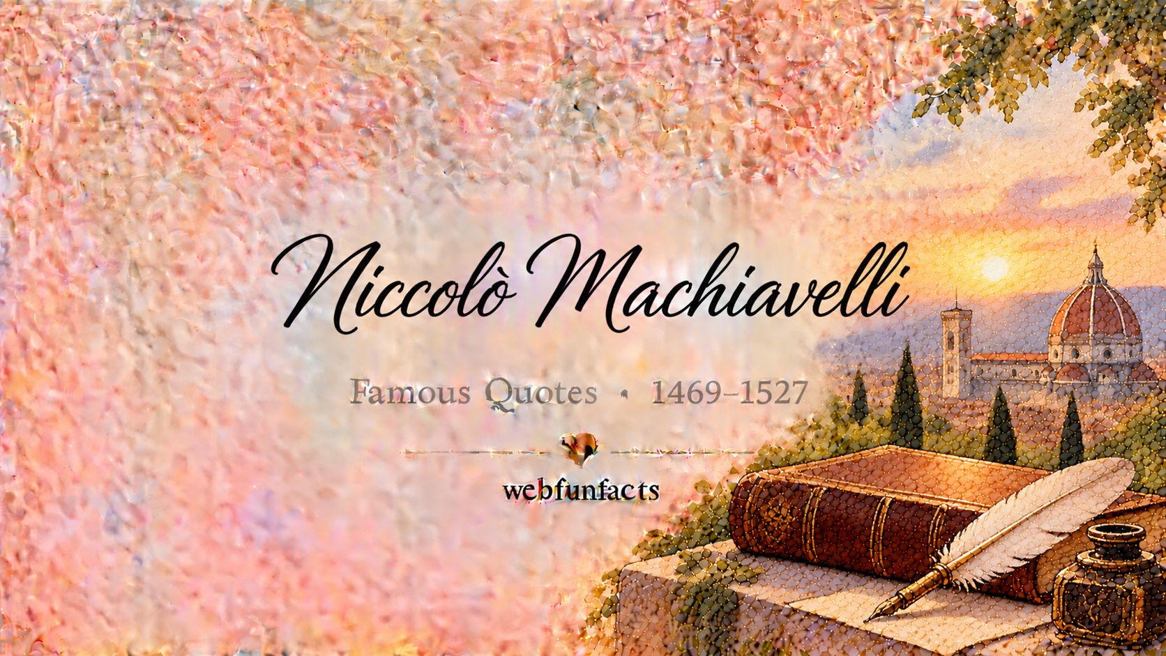 Niccolò Machiavelli Quotes – Famous Quotes 1469–1527 Niccolò Machiavelli quotes thumbnail with an old leather book, a Renaissance quill and inkwell and the Florence cathedral dome | WebFunFacts