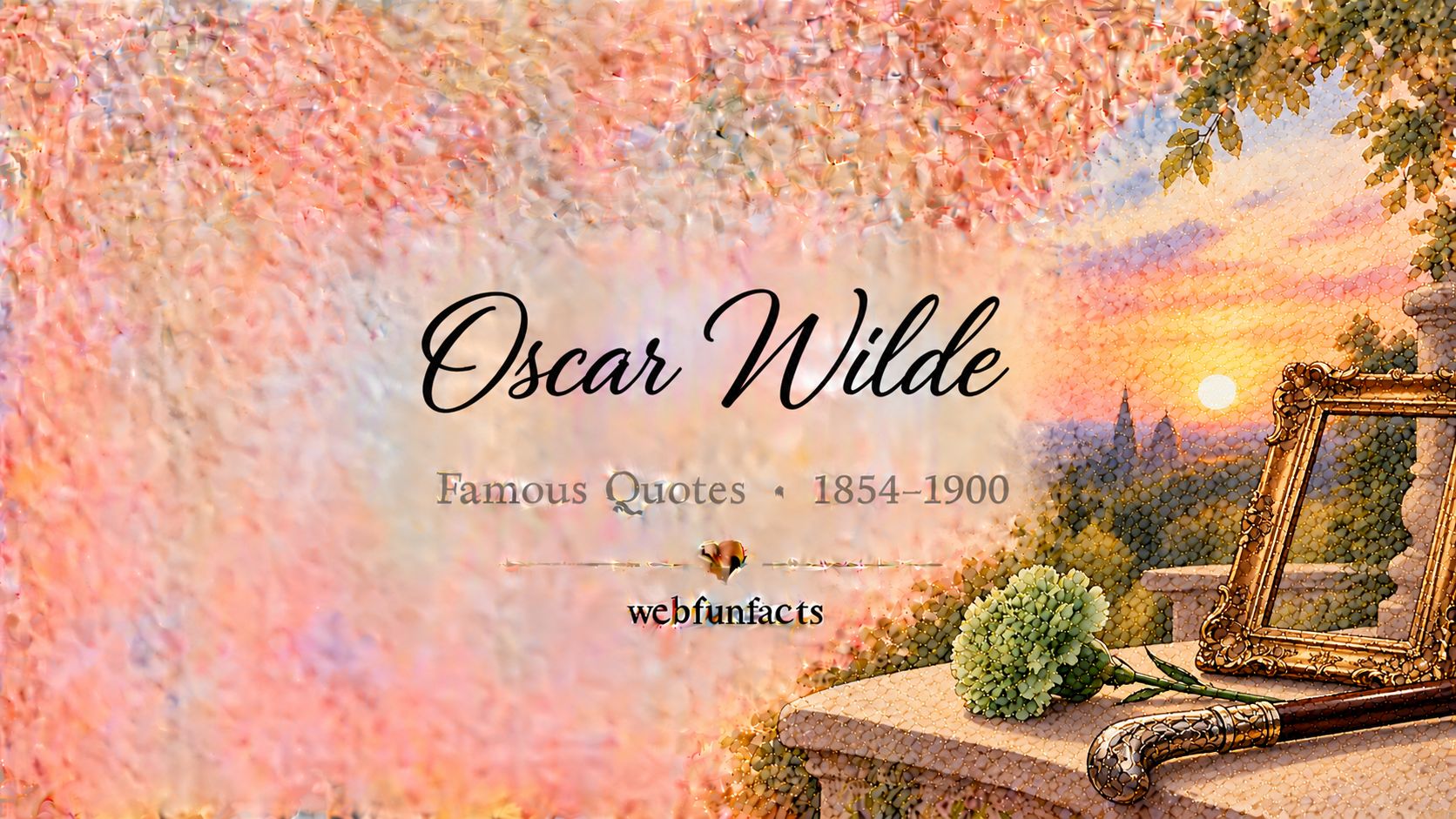 Oscar Wilde Quotes – Famous Quotes 1854–1900 Oscar Wilde quotes thumbnail with a green carnation, a silver-topped walking cane and an ornate gilt picture frame | WebFunFacts