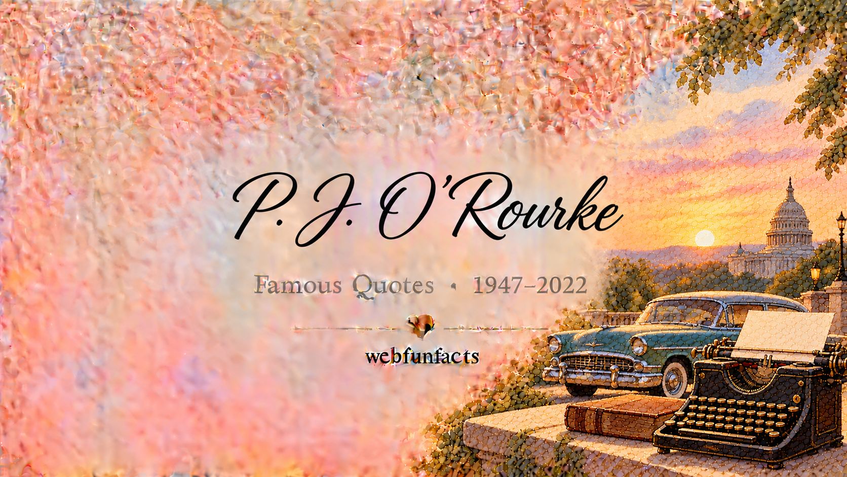 P. J. O'Rourke Quotes – Famous Quotes 1947–2022 P. J. O'Rourke quotes thumbnail with a vintage typewriter, a classic 1950s car and a domed government building | WebFunFacts