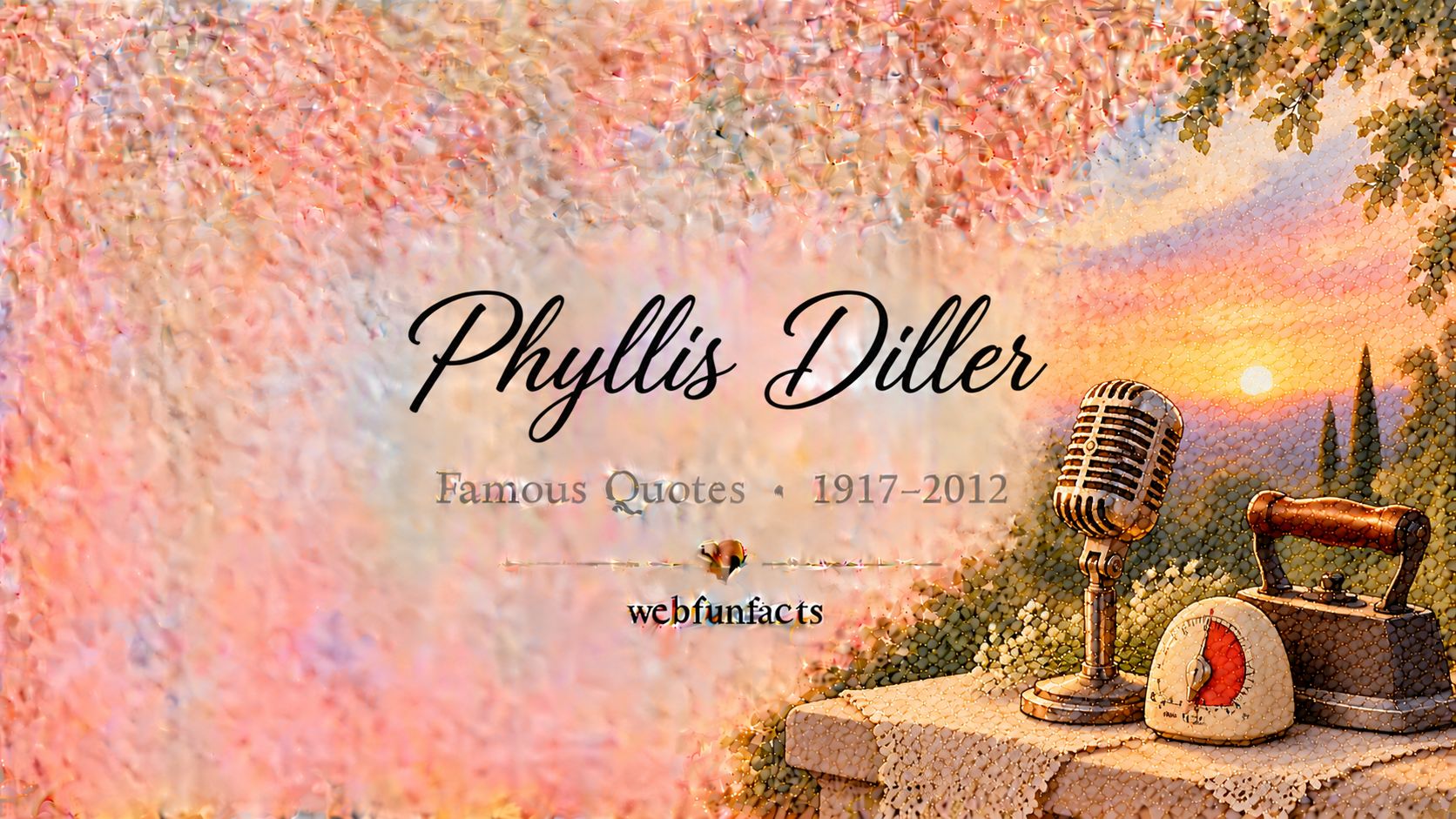 Phyllis Diller Quotes – Famous Quotes 1917–2012 Phyllis Diller quotes thumbnail with a vintage stage microphone, an old-fashioned steam iron and a retro kitchen timer | WebFunFacts
