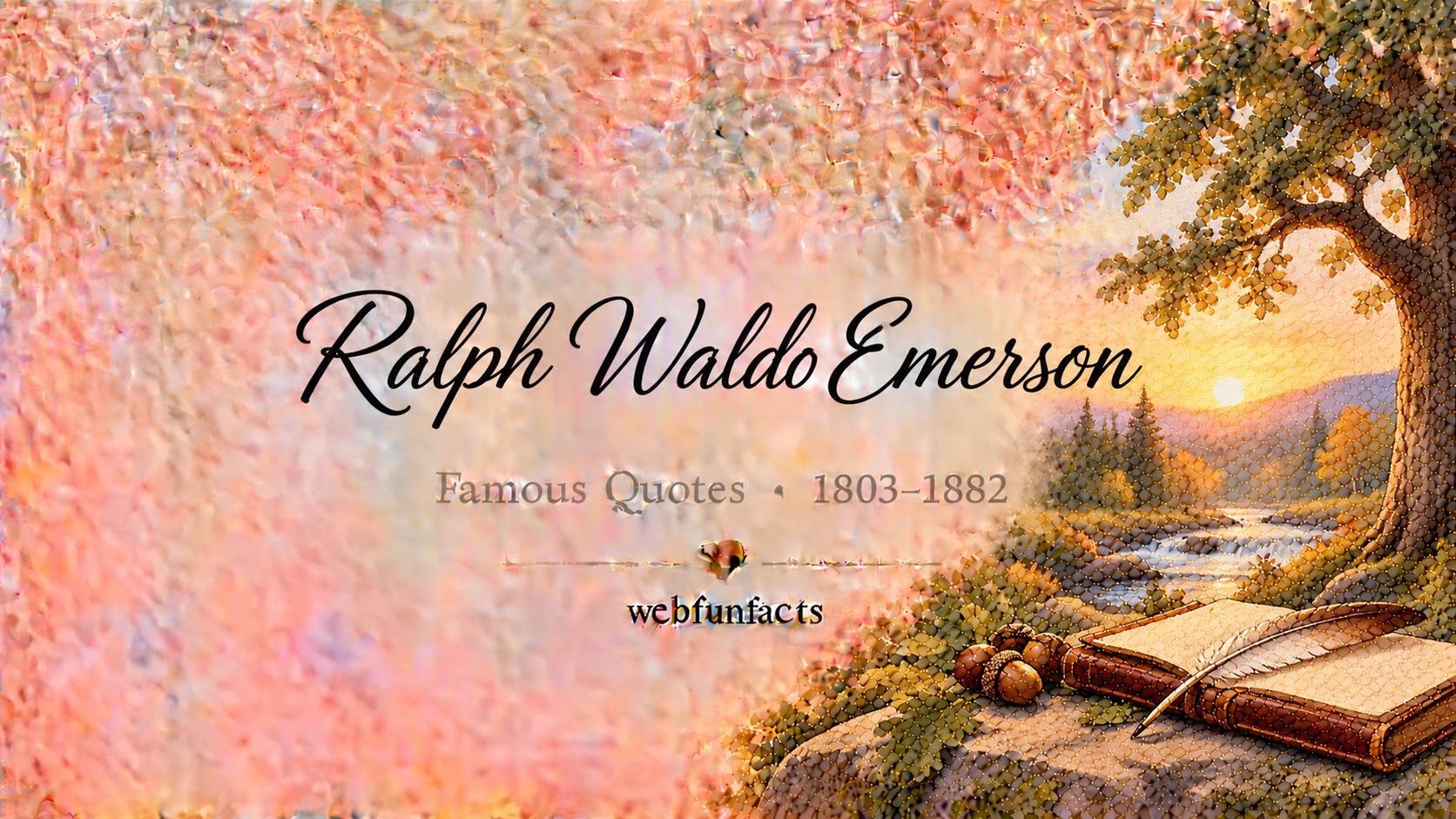 Ralph Waldo Emerson Quotes – Famous Quotes 1803–1882 Ralph Waldo Emerson quotes thumbnail with an oak tree and acorns, an open journal and a quiet New England stream | WebFunFacts