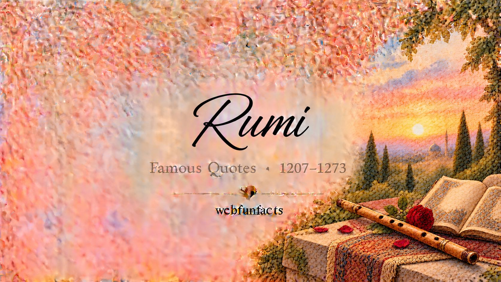 Rumi Quotes – Famous Quotes 1207–1273 Rumi quotes thumbnail with a wooden reed flute, an open Persian manuscript and a single red rose | WebFunFacts