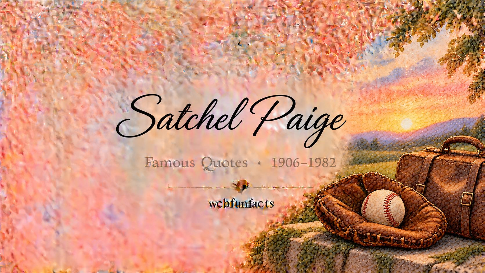 Satchel Paige Quotes – Famous Quotes 1906–1982 Satchel Paige quotes thumbnail with a worn leather baseball glove, a baseball and a vintage travel satchel | WebFunFacts