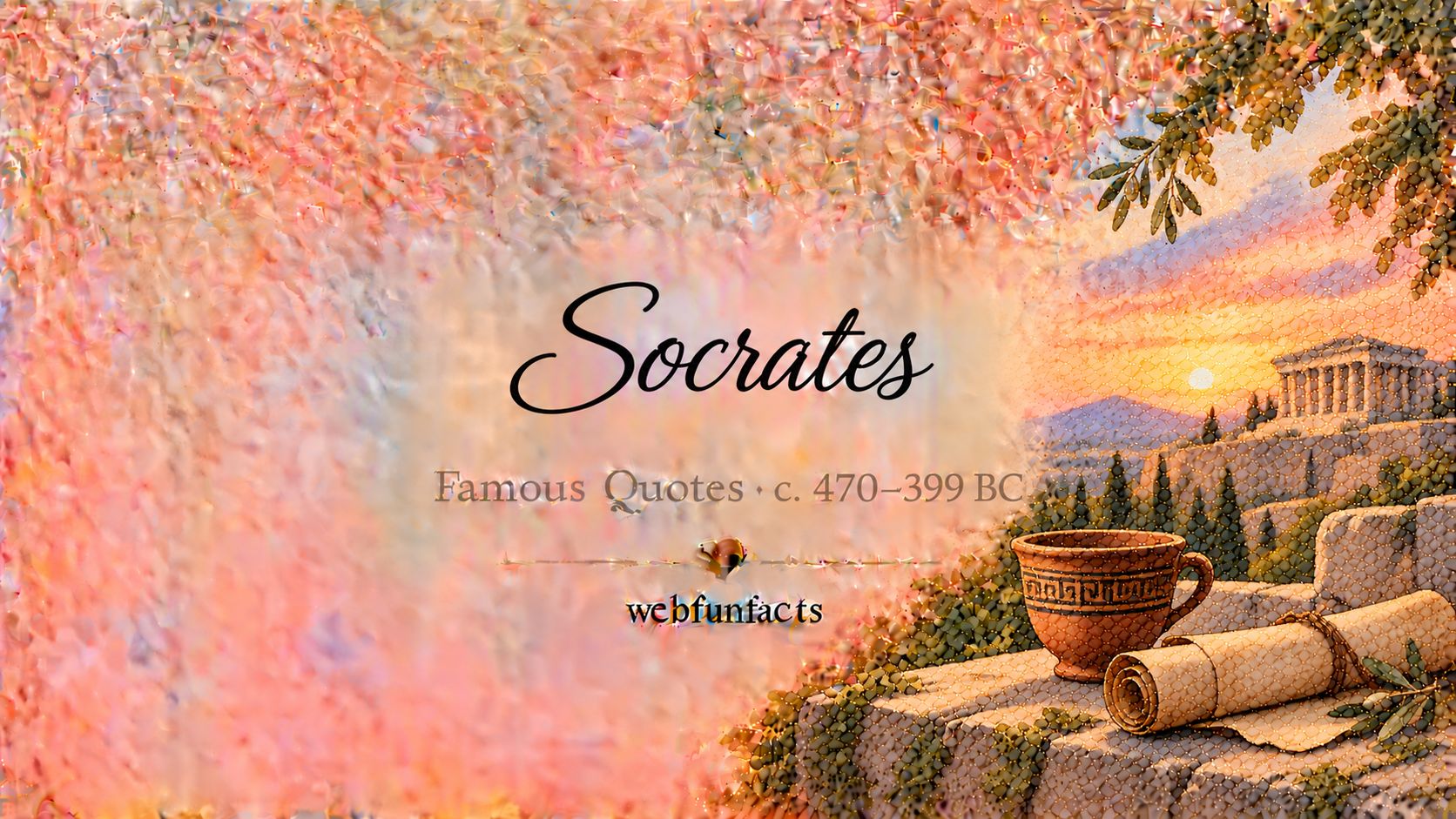 Socrates Quotes – Famous Quotes c. 470–399 BC Socrates quotes thumbnail with an ancient clay cup, a rolled papyrus scroll and the columns of an Athenian temple | WebFunFacts