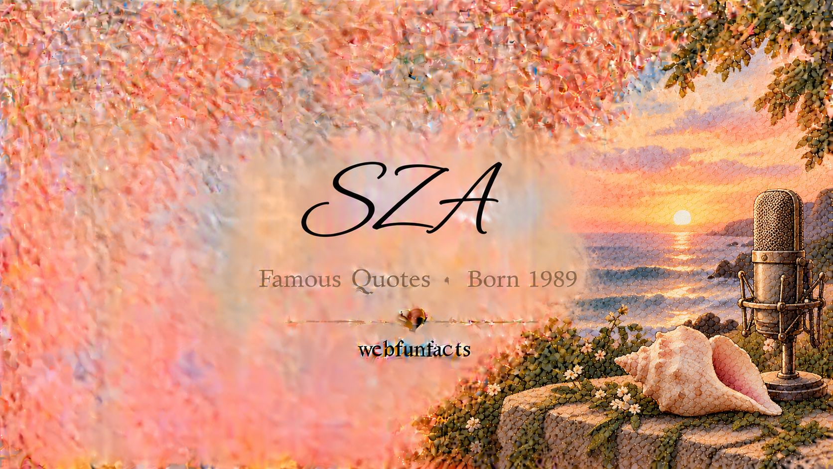 SZA Quotes – Famous Quotes Born 1989 SZA quotes thumbnail with a vintage studio microphone, a seashell and a calm ocean horizon at sunset | WebFunFacts