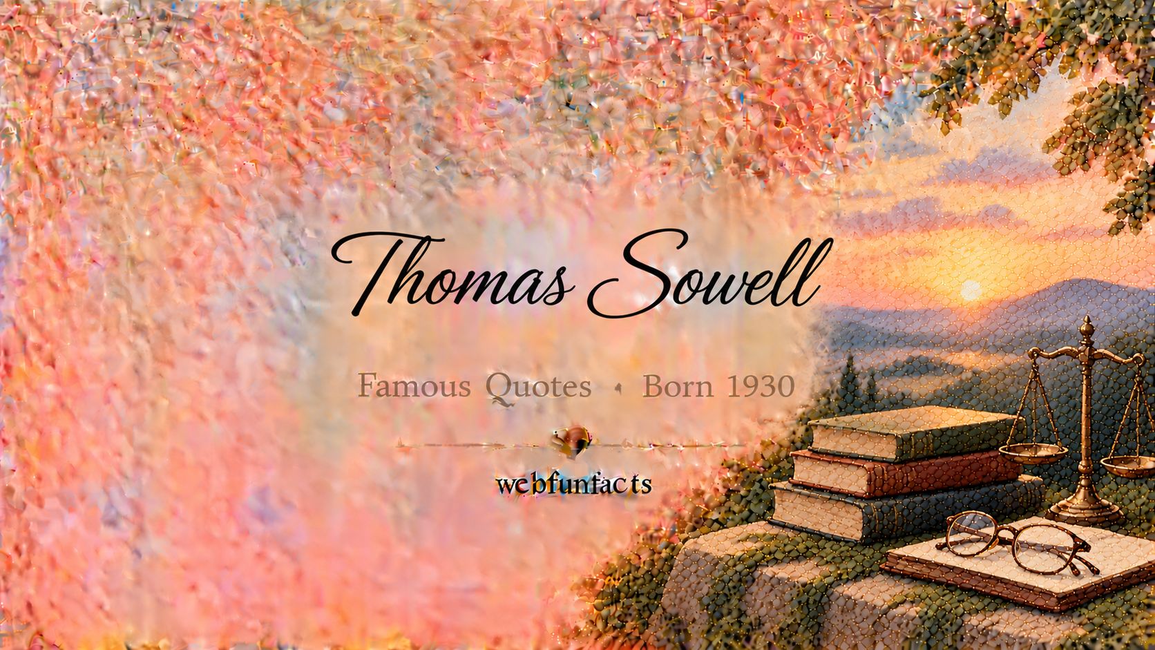Thomas Sowell Quotes – Famous Quotes Born 1930 Thomas Sowell quotes thumbnail with a stack of economics books, a balance scale and a pair of reading glasses | WebFunFacts
