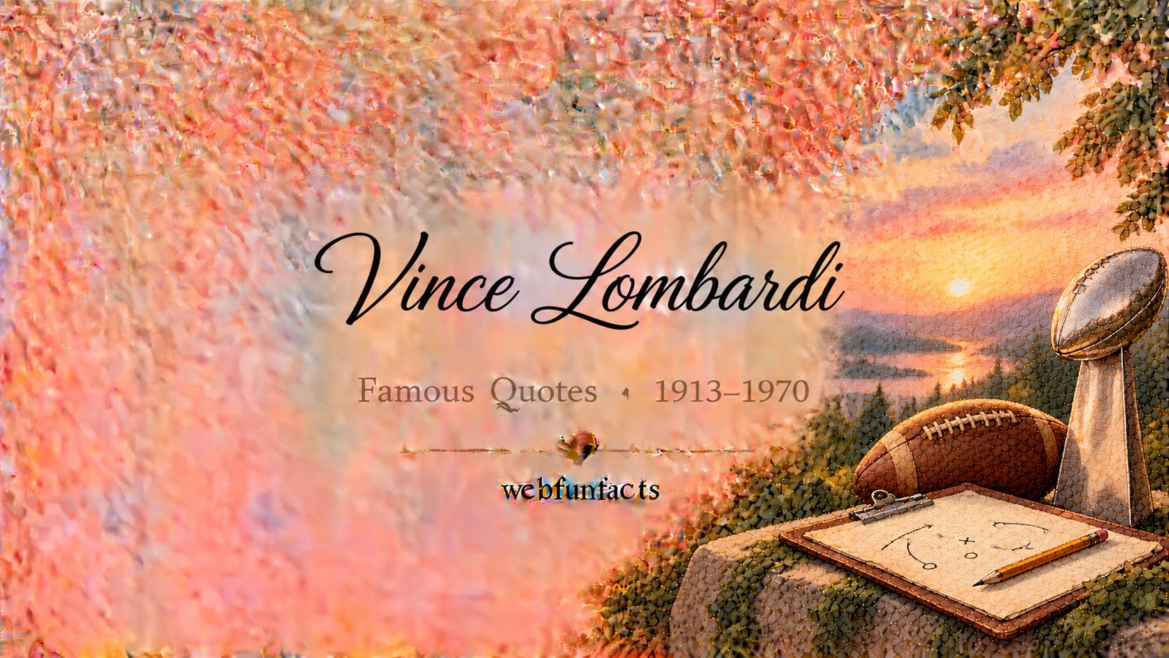 Vince Lombardi Quotes – Famous Quotes 1913–1970 Vince Lombardi quotes thumbnail with a leather American football, a coach's clipboard and a silver championship trophy | WebFunFacts