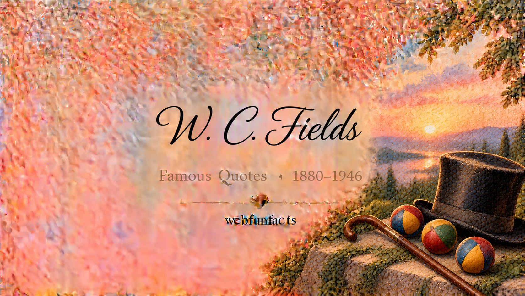 W. C. Fields Quotes – Famous Quotes 1880–1946 W. C. Fields quotes thumbnail with a battered top hat, a walking cane and a set of juggling balls | WebFunFacts