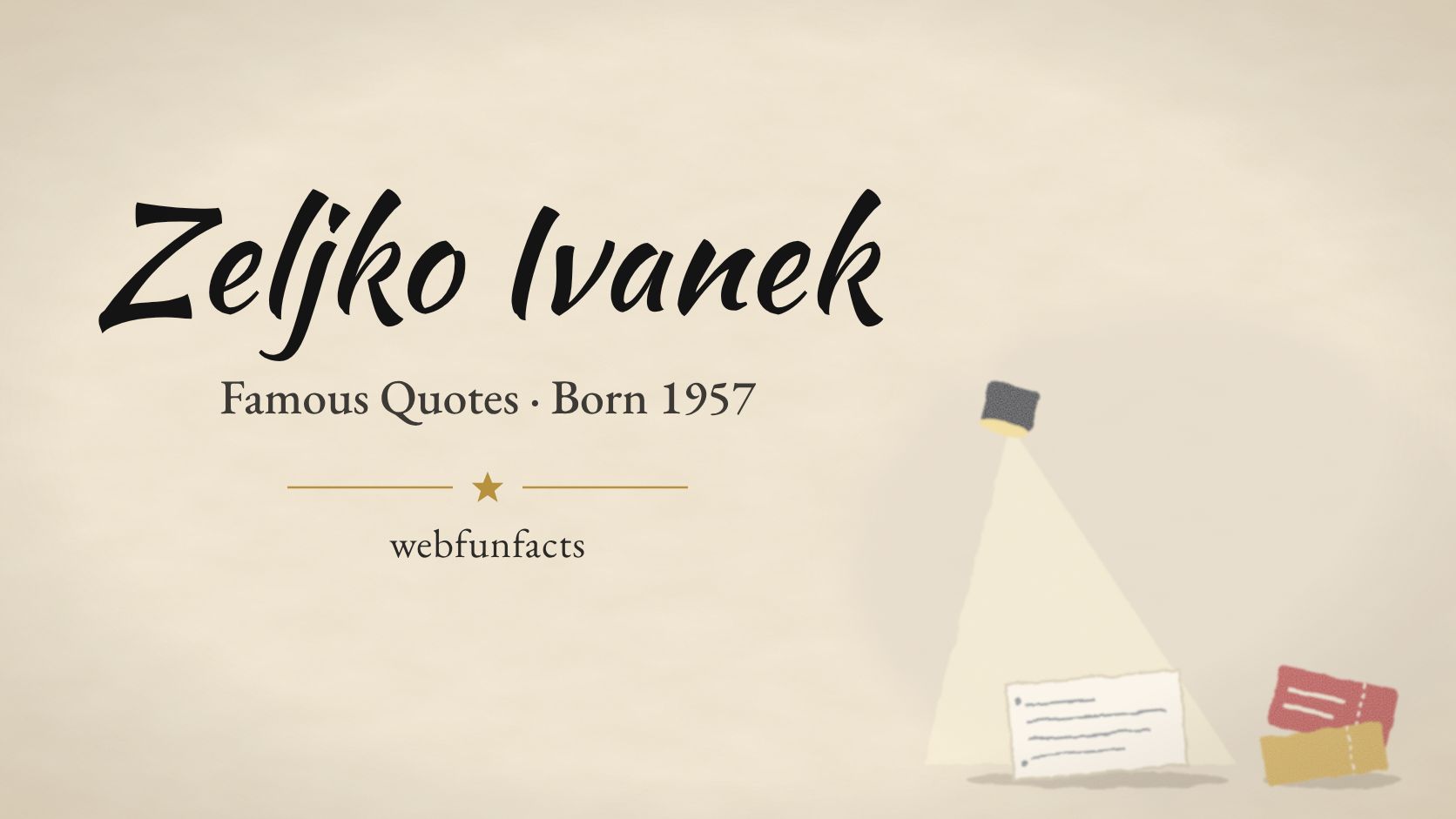 Zeljko Ivanek Quotes – Famous Quotes Born 1957 Zeljko Ivanek quotes thumbnail with a stage spotlight, a script and theatre tickets | WebFunFacts