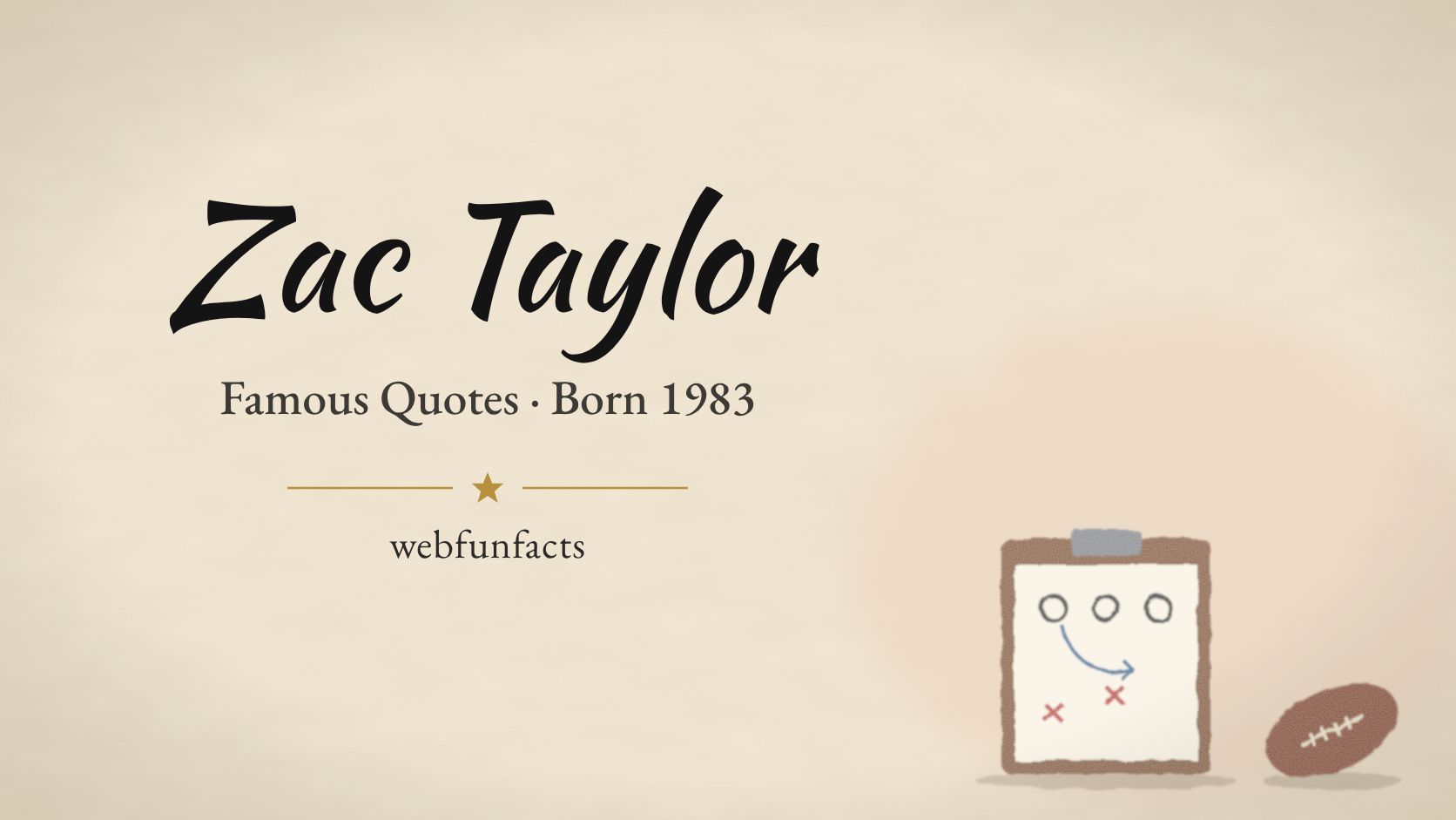 Zac Taylor Quotes – Famous Quotes Born 1983 Zac Taylor quotes thumbnail with a coach's clipboard showing a football play and a brown football | WebFunFacts