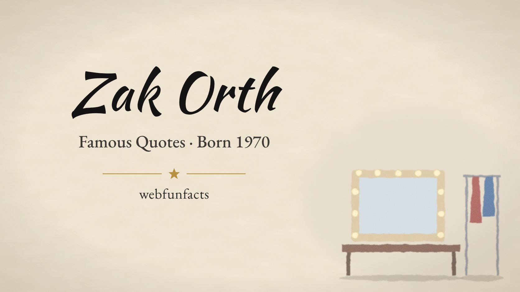 Zak Orth Quotes – Famous Quotes Born 1970 Zak Orth quotes thumbnail with a backstage dressing-room mirror with lights and a costume rack | WebFunFacts