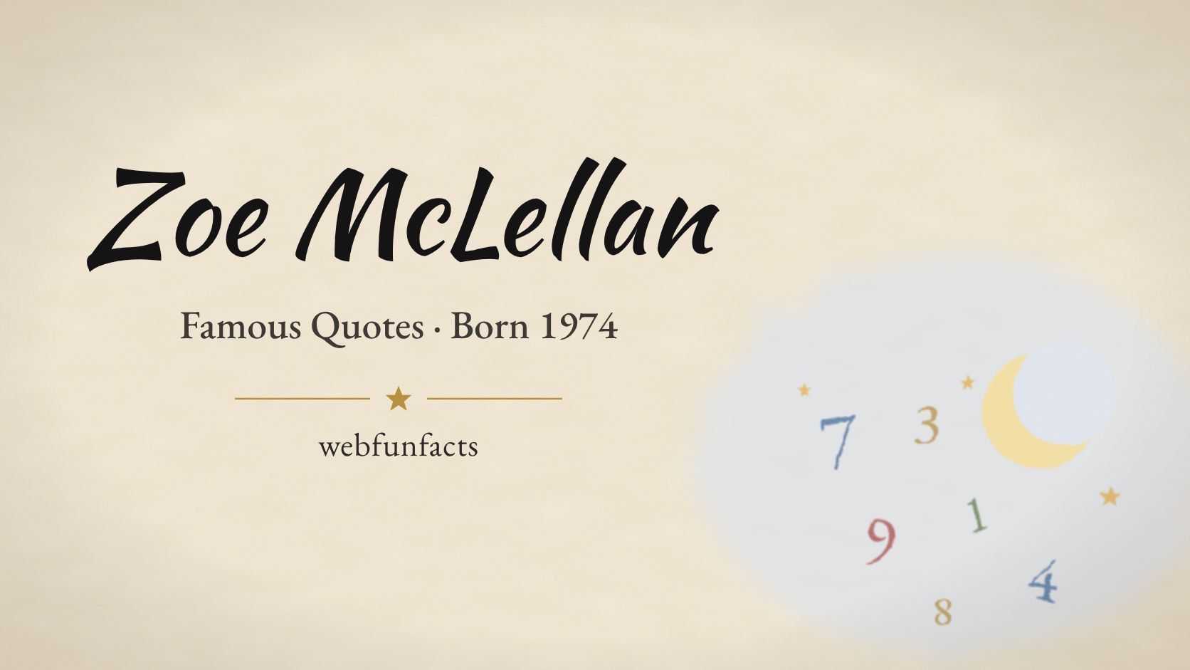 Zoe McLellan Quotes – Famous Quotes Born 1974 Zoe McLellan quotes thumbnail with a crescent moon, stars and floating numbers | WebFunFacts