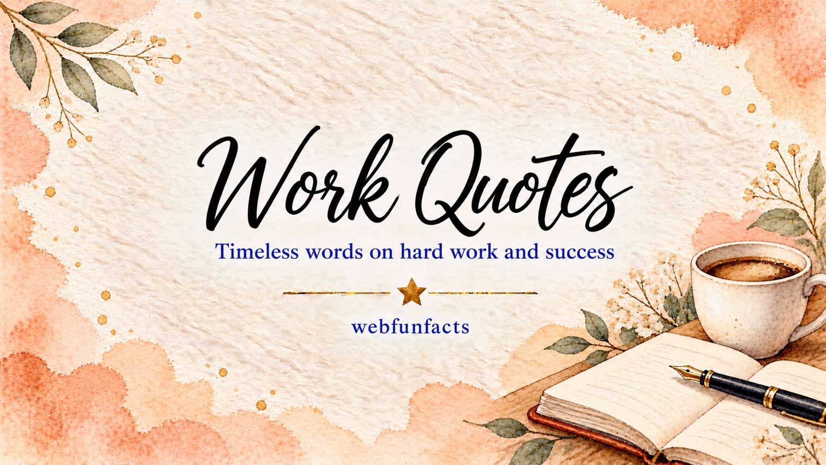 Work Quotes – 200 Famous Quotes on Hard Work & Success Work quotes thumbnail with a tidy desk, laptop, notebook and coffee at sunrise | WebFunFacts