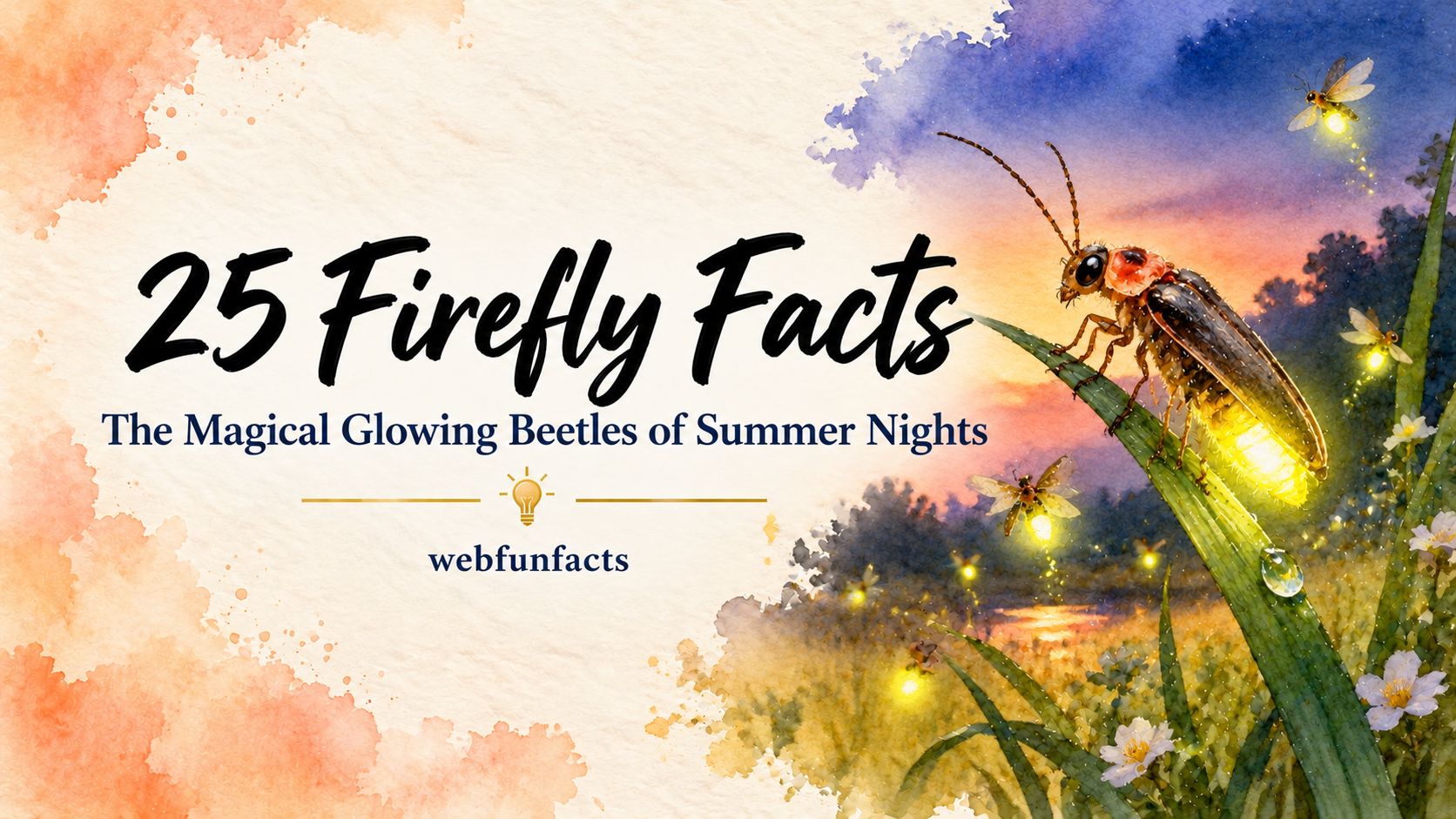 25 Firefly Facts: The Magical Glowing Beetles of Summer Nights Firefly facts thumbnail with glowing fireflies over a summer meadow | WebFunFacts