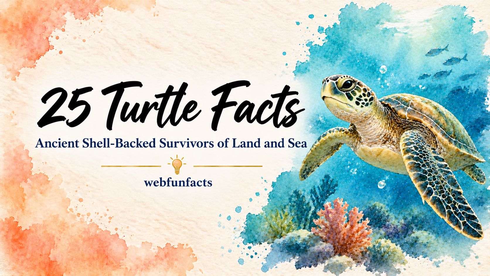 25 Turtle Facts: Ancient Shell-Backed Survivors of Land and Sea Turtle facts thumbnail with a green sea turtle swimming over a coral reef | WebFunFacts