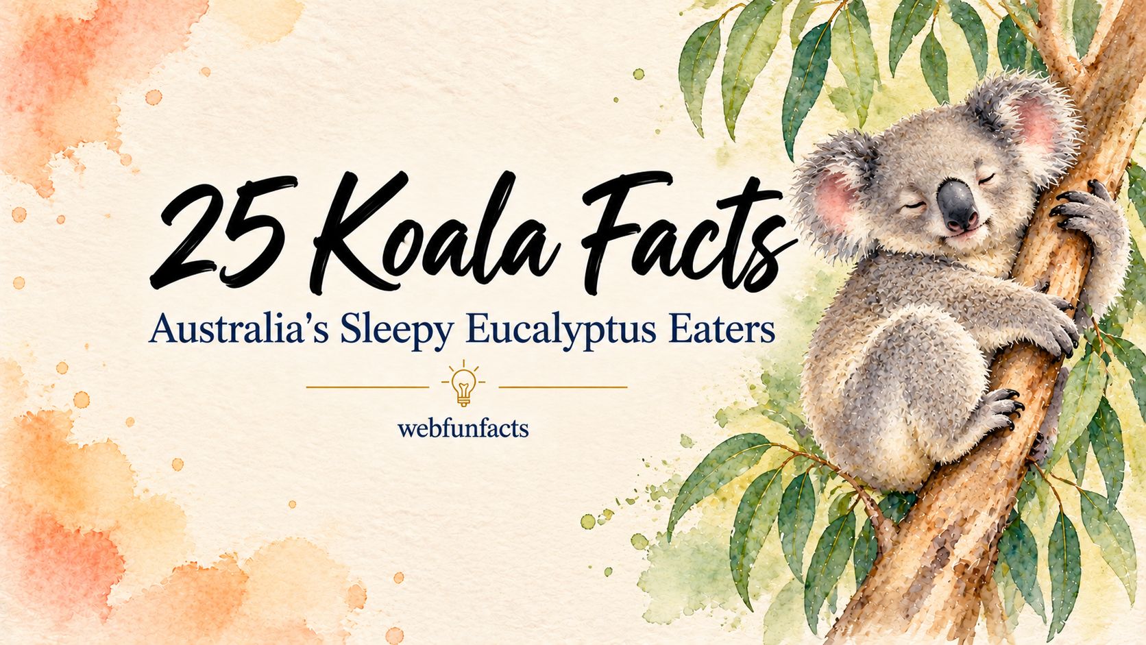 25 Koala Facts: Australia's Sleepy Eucalyptus Eaters Koala facts thumbnail with a sleepy koala hugging a eucalyptus tree | WebFunFacts