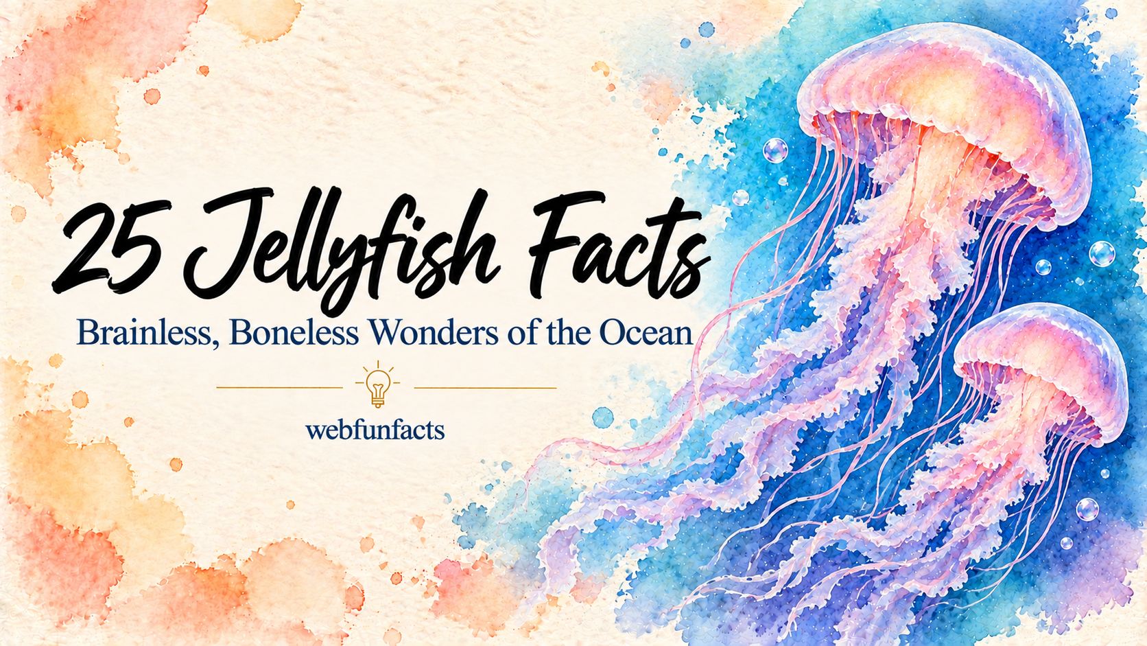 25 Jellyfish Facts: Brainless, Boneless Wonders of the Ocean Jellyfish facts thumbnail with glowing jellyfish drifting in blue water | WebFunFacts