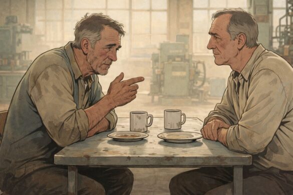 A tired factory worker walking alone after losing trust, symbolizing why you shouldn’t share everything with everyone